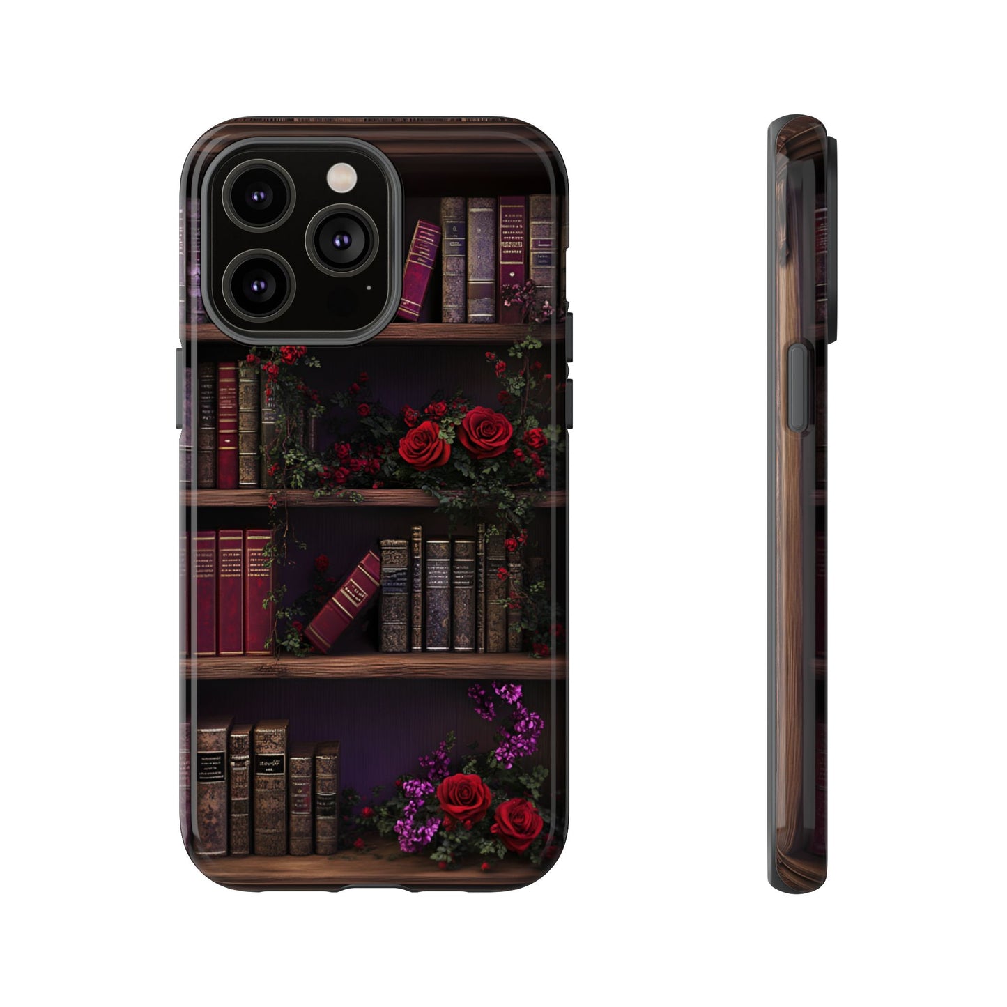 Book Lovers Phone Case - Roses and Books in Moody Vintage Bookshelf for iPhone 16 15 14 13 12 11, Samsung Galaxy & Google Pixel