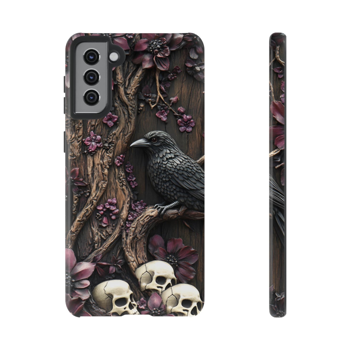 Raven and Skulls Phone Case - Gothic Faux Wood Phone Cases - iPhone 16 15 14 13 12 11, Samsung Galaxy & Google Pixel Phone Covers