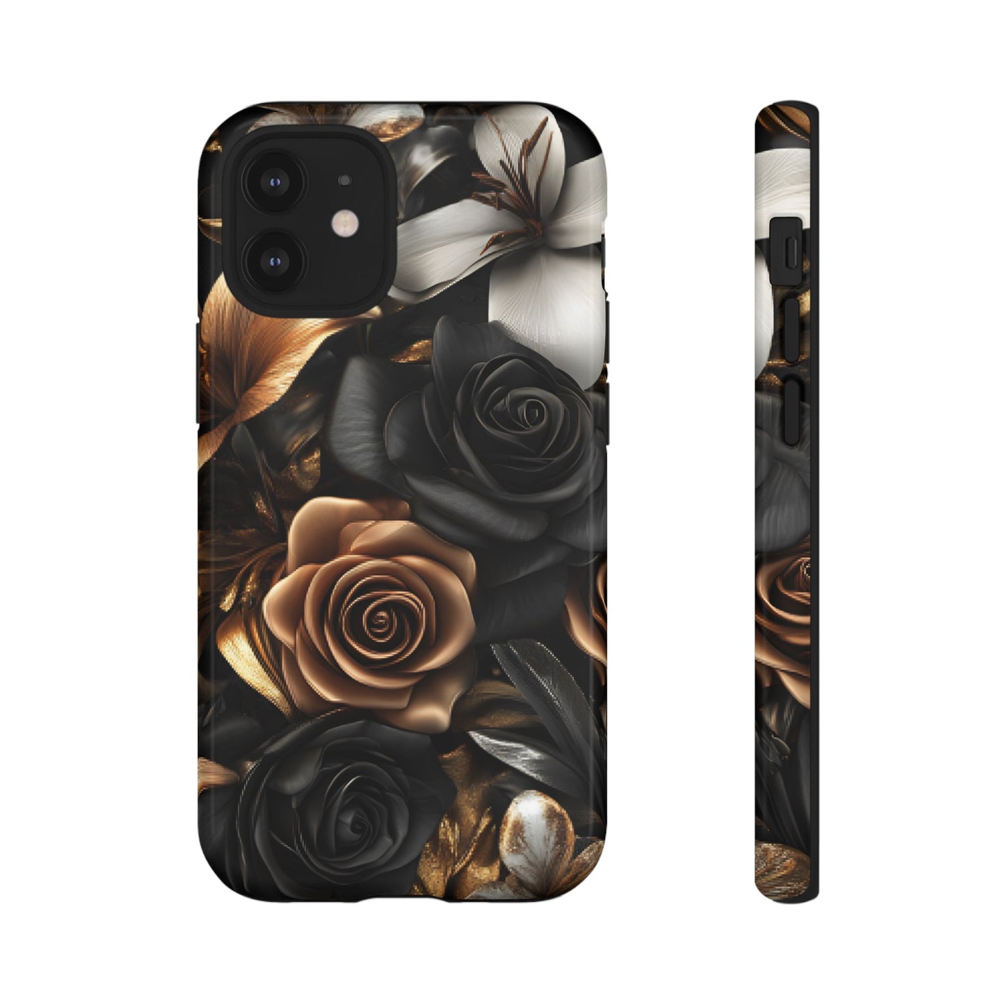 Floral Phone Case - Black and Gold Roses - iPhone 16 15 14 13 12 11, Samsung Galaxy & Google Pixel Phone Covers