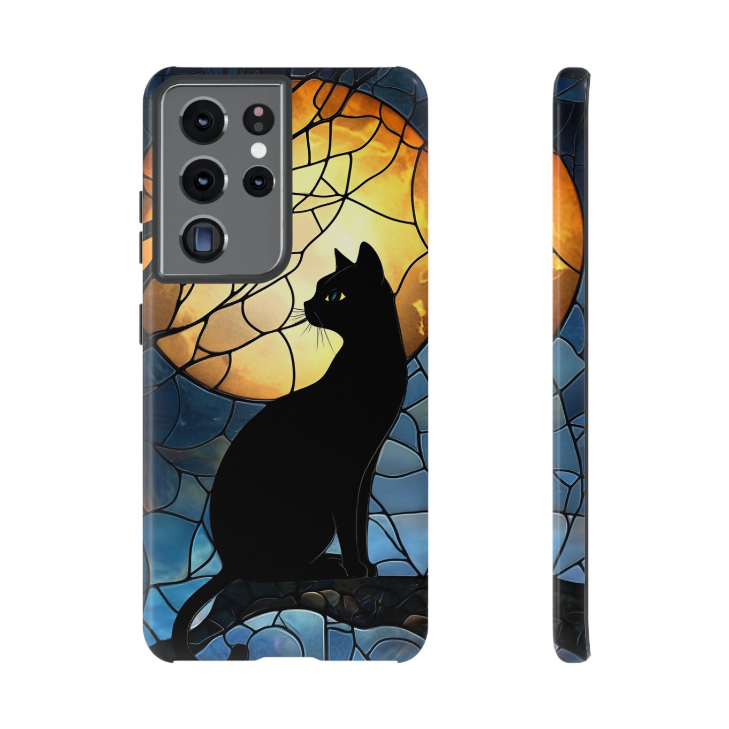 Black Cat and Moon Stained Glass Phone Case - Celestial Cat Lover Phone Cases for iPhone 16 15 14 13 12 11, Samsung Galaxy & Google Pixel