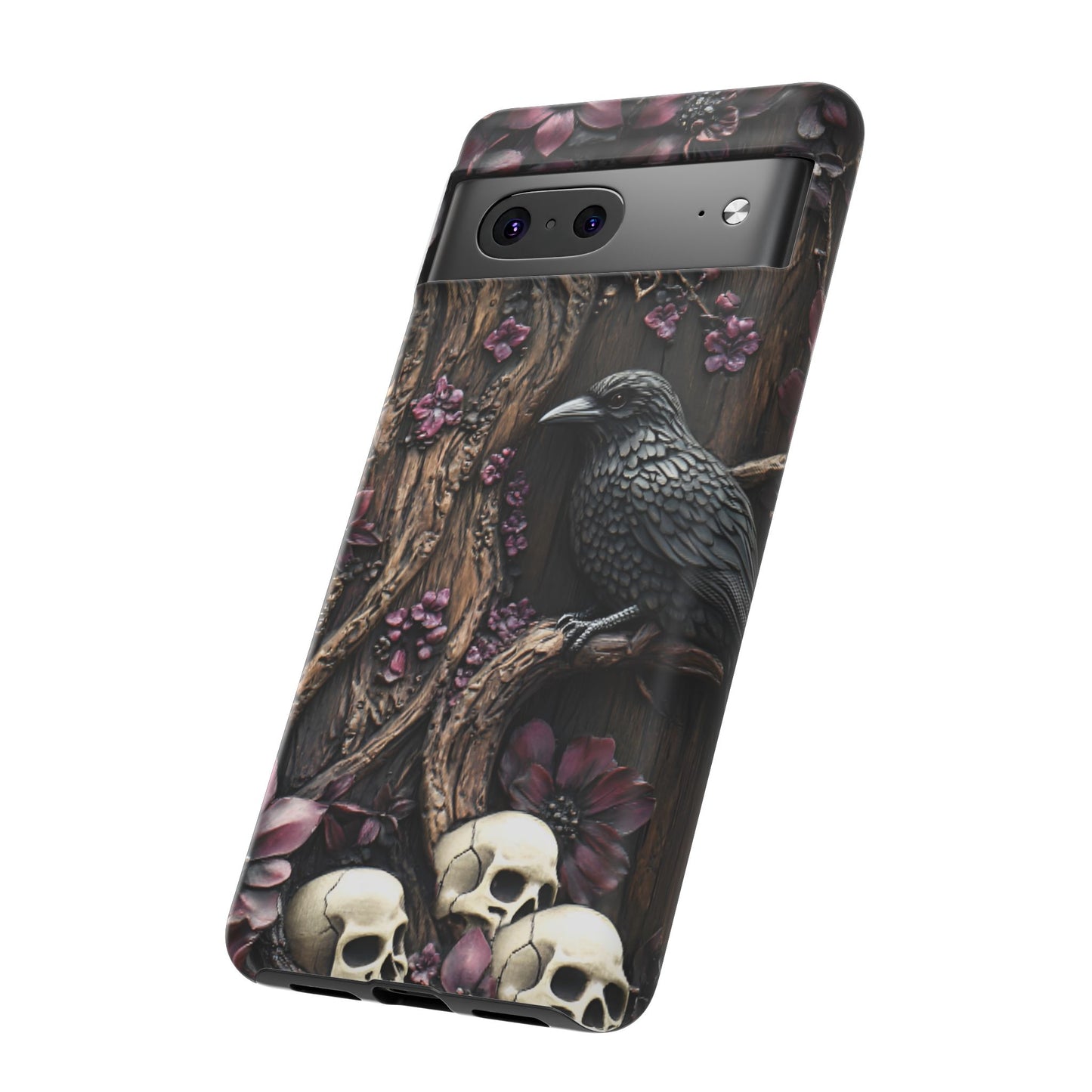 Raven and Skulls Phone Case - Gothic Faux Wood Phone Cases - iPhone 16 15 14 13 12 11, Samsung Galaxy & Google Pixel Phone Covers