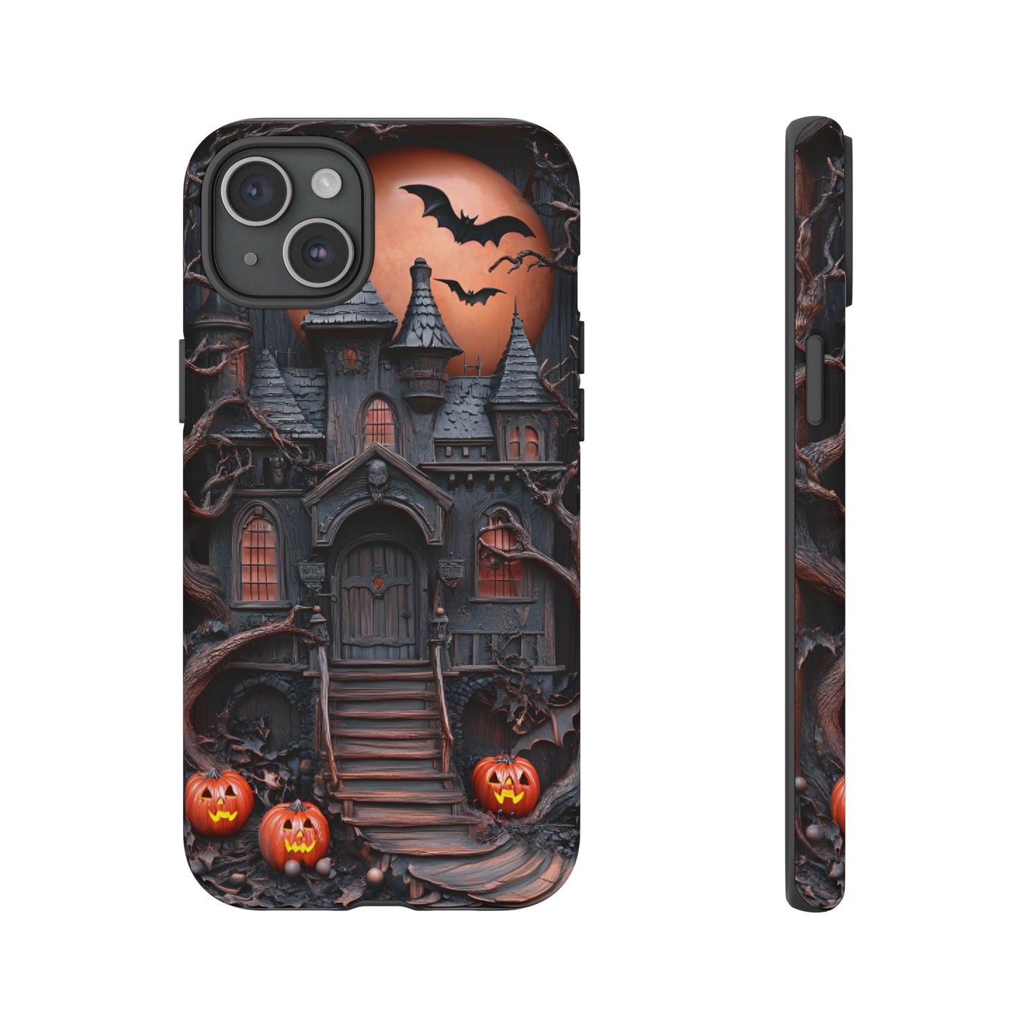 Carved Wood Haunted House Phone Case - Faux Wood Spooky Halloween Phone Cases for iPhone 16 15 14 13 12 11, Samsung Galaxy & Google Pixel