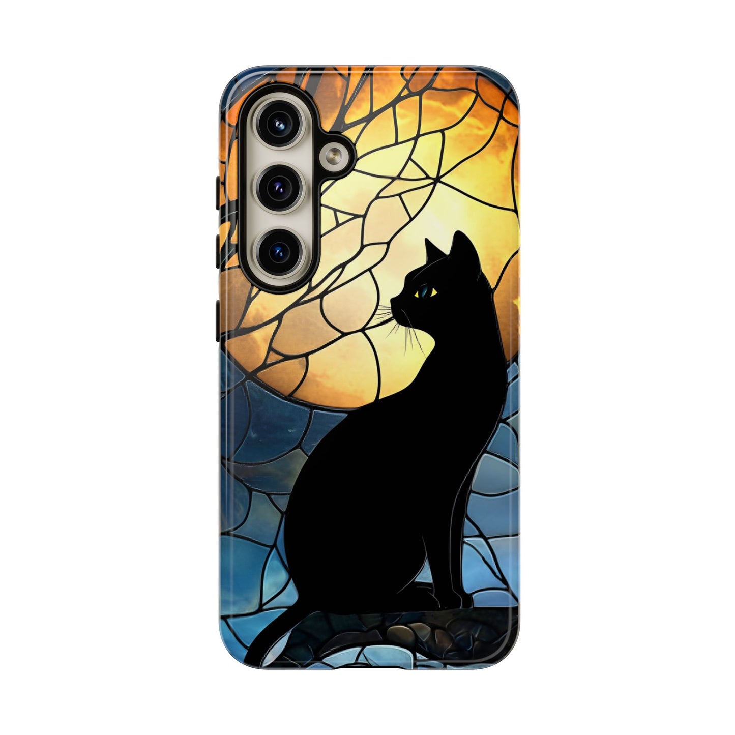 Black Cat and Moon Stained Glass Phone Case - Celestial Cat Lover Phone Cases - iPhone 16 15 14 13 12 11, Samsung Galaxy & Google Pixel Phone Covers