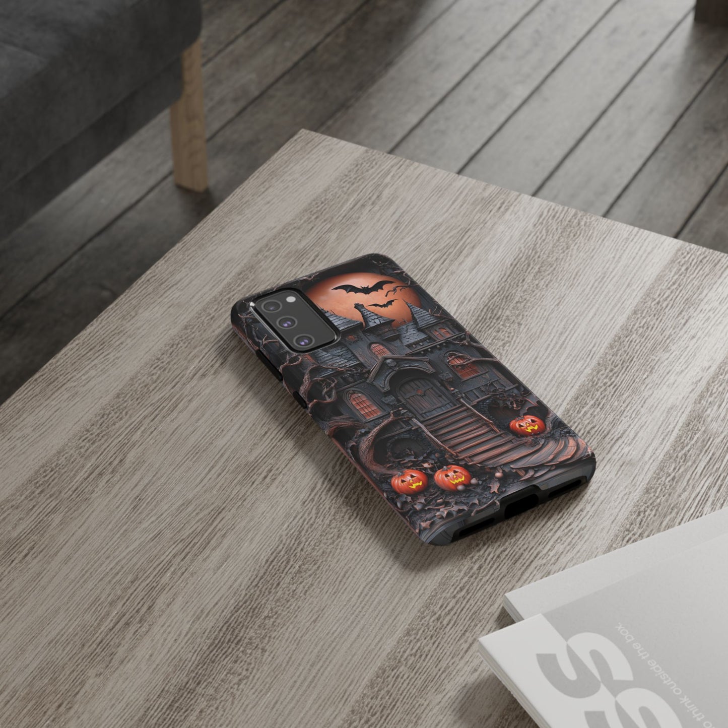 Carved Wood Haunted House Phone Case - Faux Wood Spooky Halloween Phone Cases for iPhone 16 15 14 13 12 11, Samsung Galaxy & Google Pixel