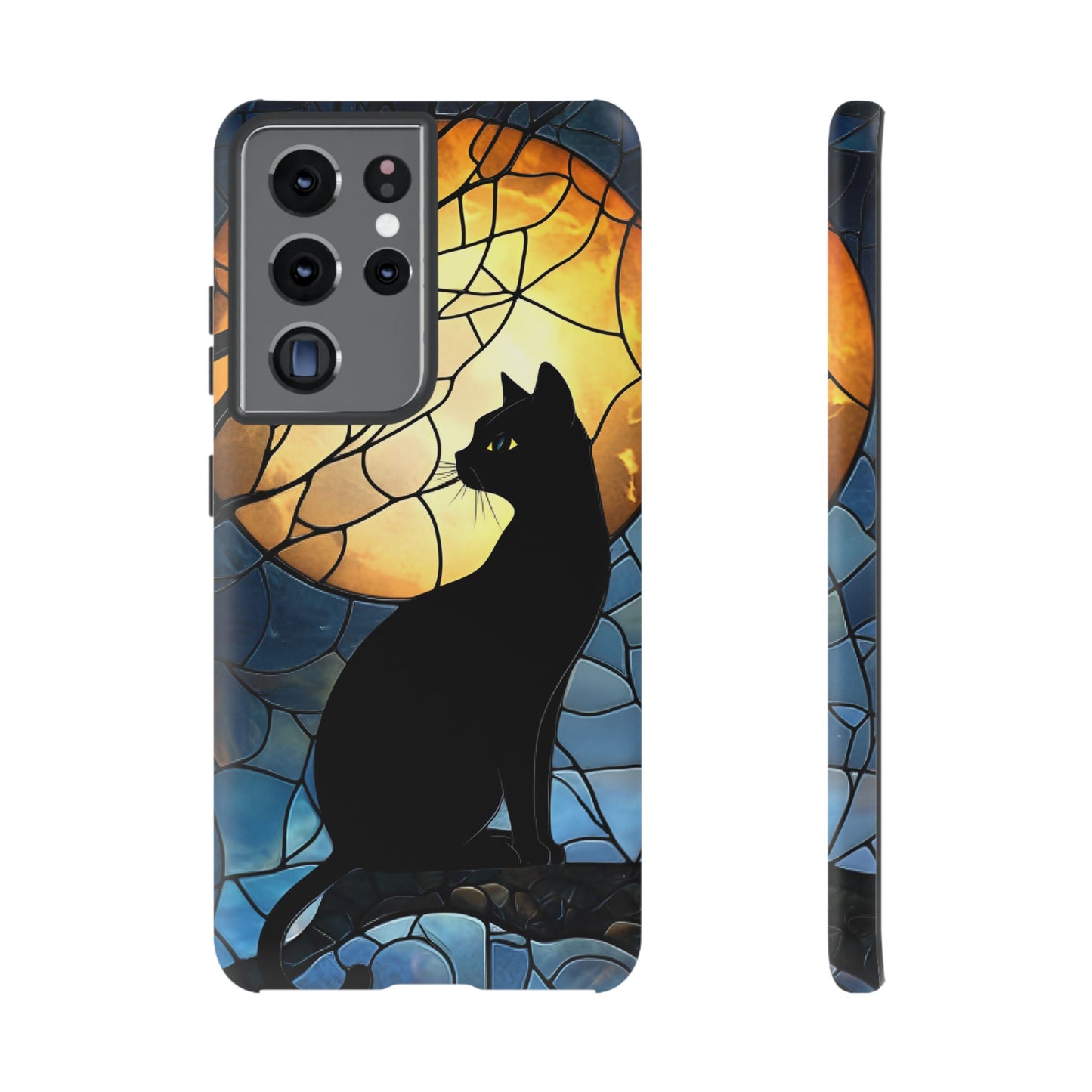 Black Cat and Moon Stained Glass Phone Case - Celestial Cat Lover Phone Cases for iPhone 16 15 14 13 12 11, Samsung Galaxy & Google Pixel