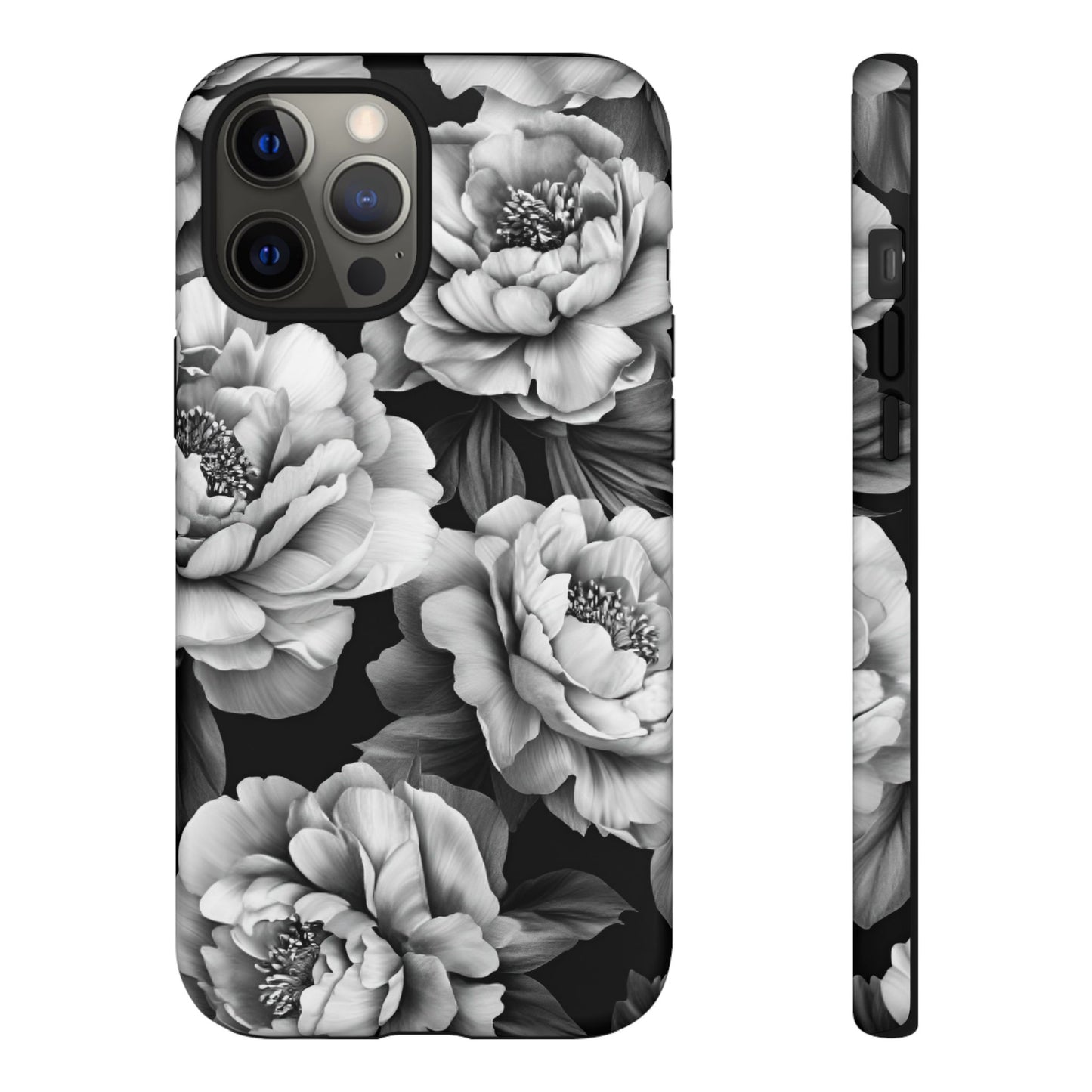 Black and White Peony Flower Phone Case - Aesthetic Dark Floral Phone Cases for iPhone 16 15 14 13 12 11, Samsung Galaxy & Google Pixel