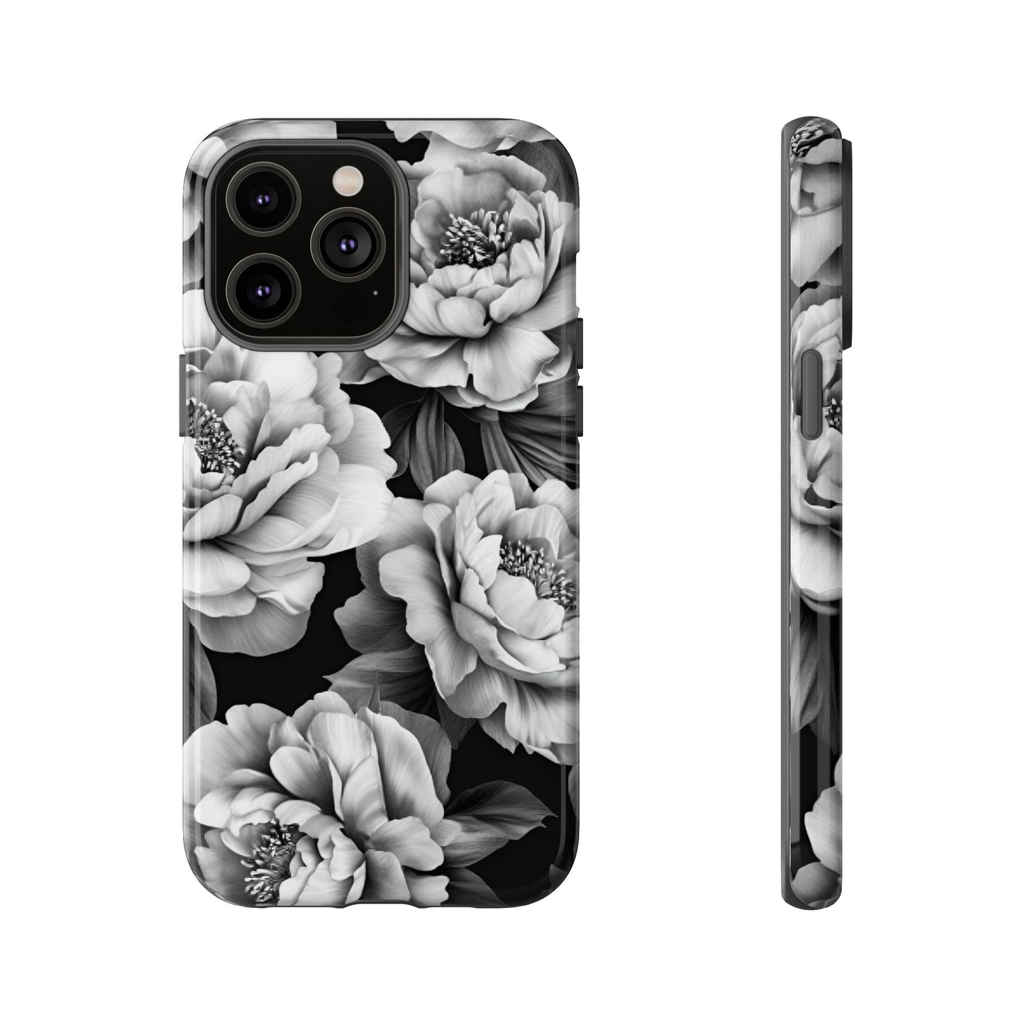 Black and White Peony Flower Phone Case - Aesthetic Dark Floral Phone Cases for iPhone 16 15 14 13 12 11, Samsung Galaxy & Google Pixel