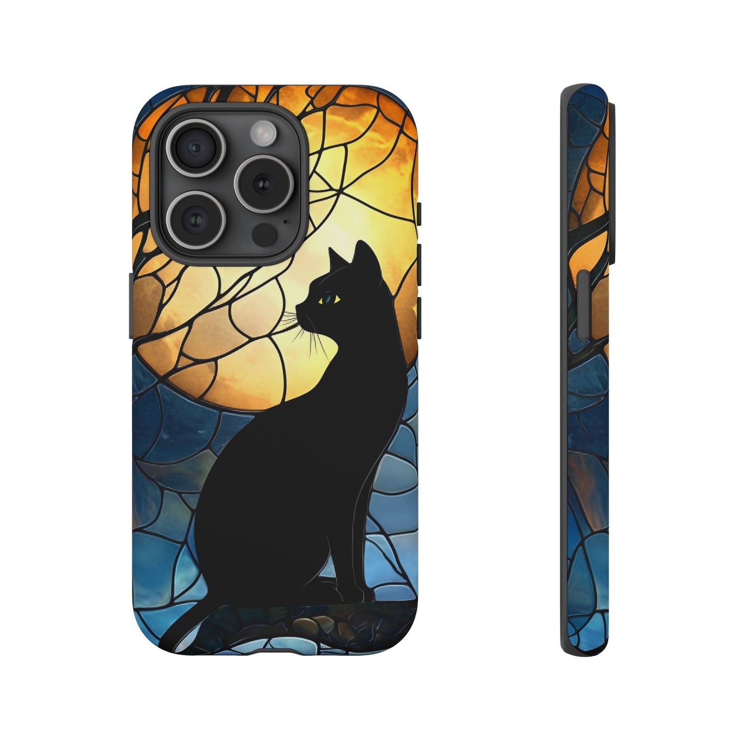 Black Cat and Moon Stained Glass Phone Case - Celestial Cat Lover Phone Cases for iPhone 16 15 14 13 12 11, Samsung Galaxy & Google Pixel