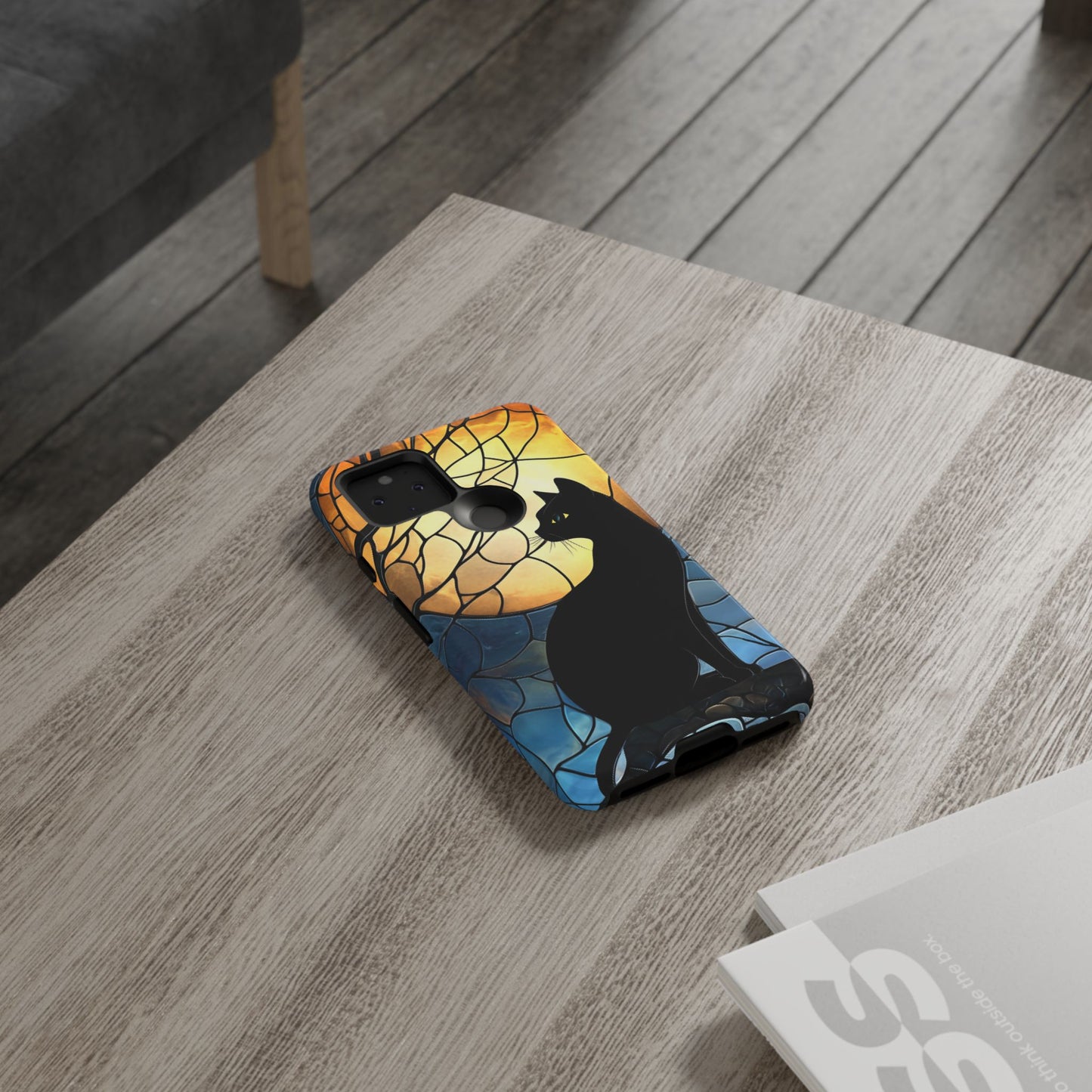 Black Cat and Moon Stained Glass Phone Case - Celestial Cat Lover Phone Cases - iPhone 16 15 14 13 12 11, Samsung Galaxy & Google Pixel Phone Covers