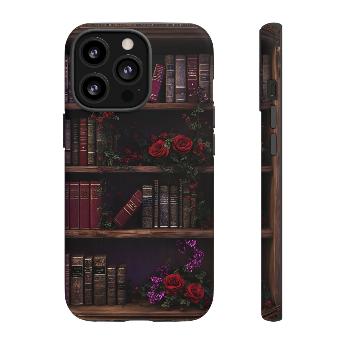 Book Lovers Phone Case - Roses and Books in Moody Vintage Bookshelf - iPhone 16 15 14 13 12 11, Samsung Galaxy & Google Pixel Phone Covers