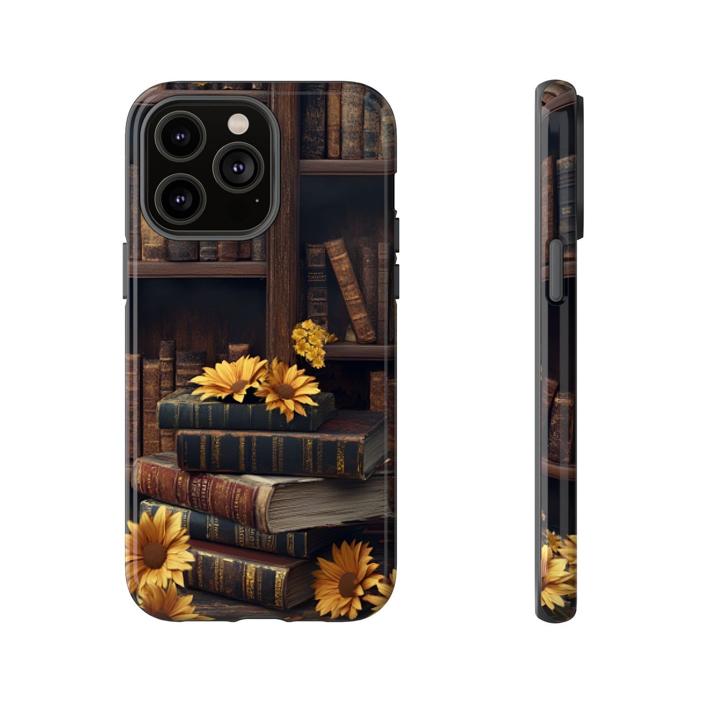 Vintage Books and Sunflowers Phone Case - Dark Academia Library Phone Cases for iPhone 16 15 14 13 12 11, Samsung Galaxy & Google Pixel