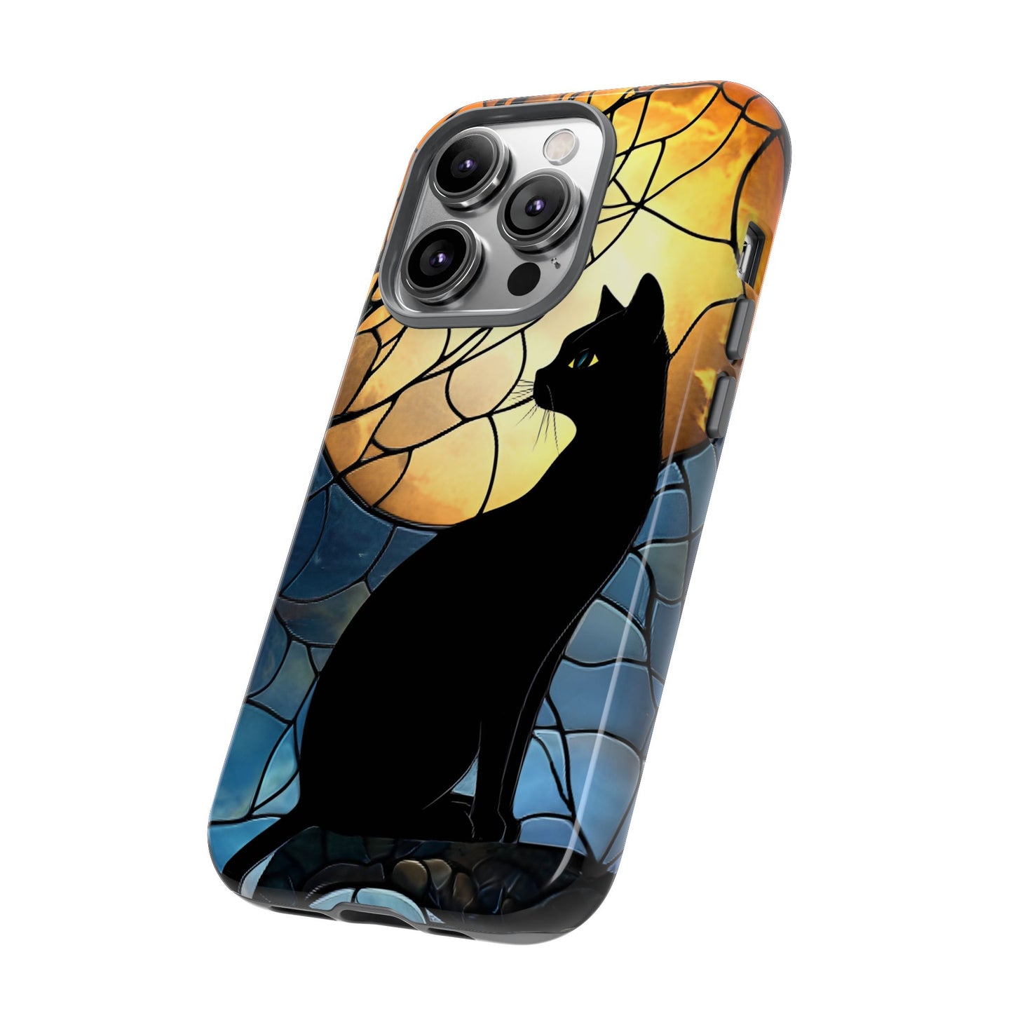 Black Cat and Moon Stained Glass Phone Case - Celestial Cat Lover Phone Cases - iPhone 16 15 14 13 12 11, Samsung Galaxy & Google Pixel Phone Covers