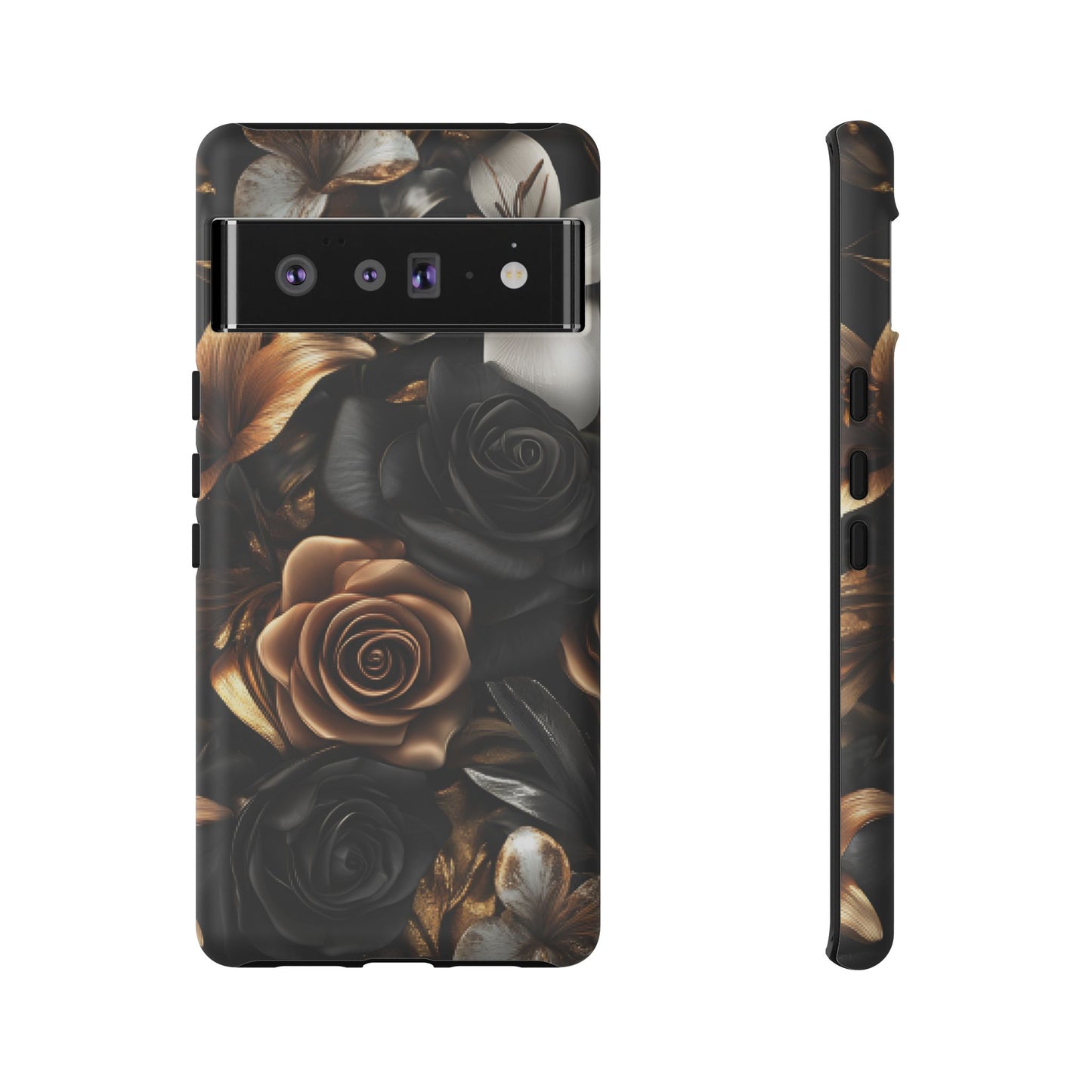 Floral Phone Case - Black and Gold Roses for iPhone 16 15 14 13 12 11, Samsung Galaxy & Google Pixel