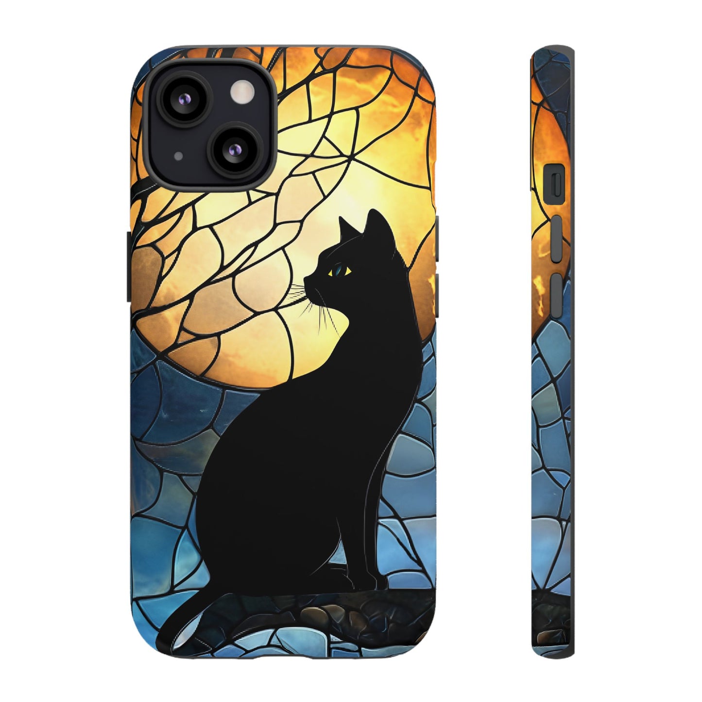 Black Cat and Moon Stained Glass Phone Case - Celestial Cat Lover Phone Cases - iPhone 16 15 14 13 12 11, Samsung Galaxy & Google Pixel Phone Covers