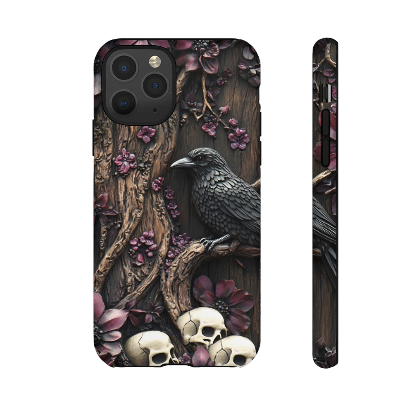 Raven and Skulls Phone Case - Gothic Faux Wood Phone Cases - iPhone 16 15 14 13 12 11, Samsung Galaxy & Google Pixel Phone Covers