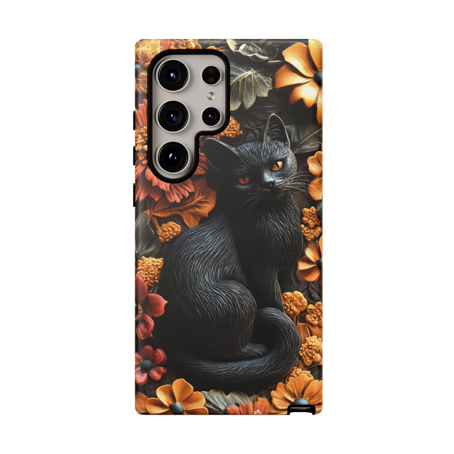 Black Cat Floral Fall Phone Case - Carved Clay Effect Cat Lover Phone Cases - iPhone 16 15 14 13 12 11, Samsung Galaxy & Google Pixel Phone Covers