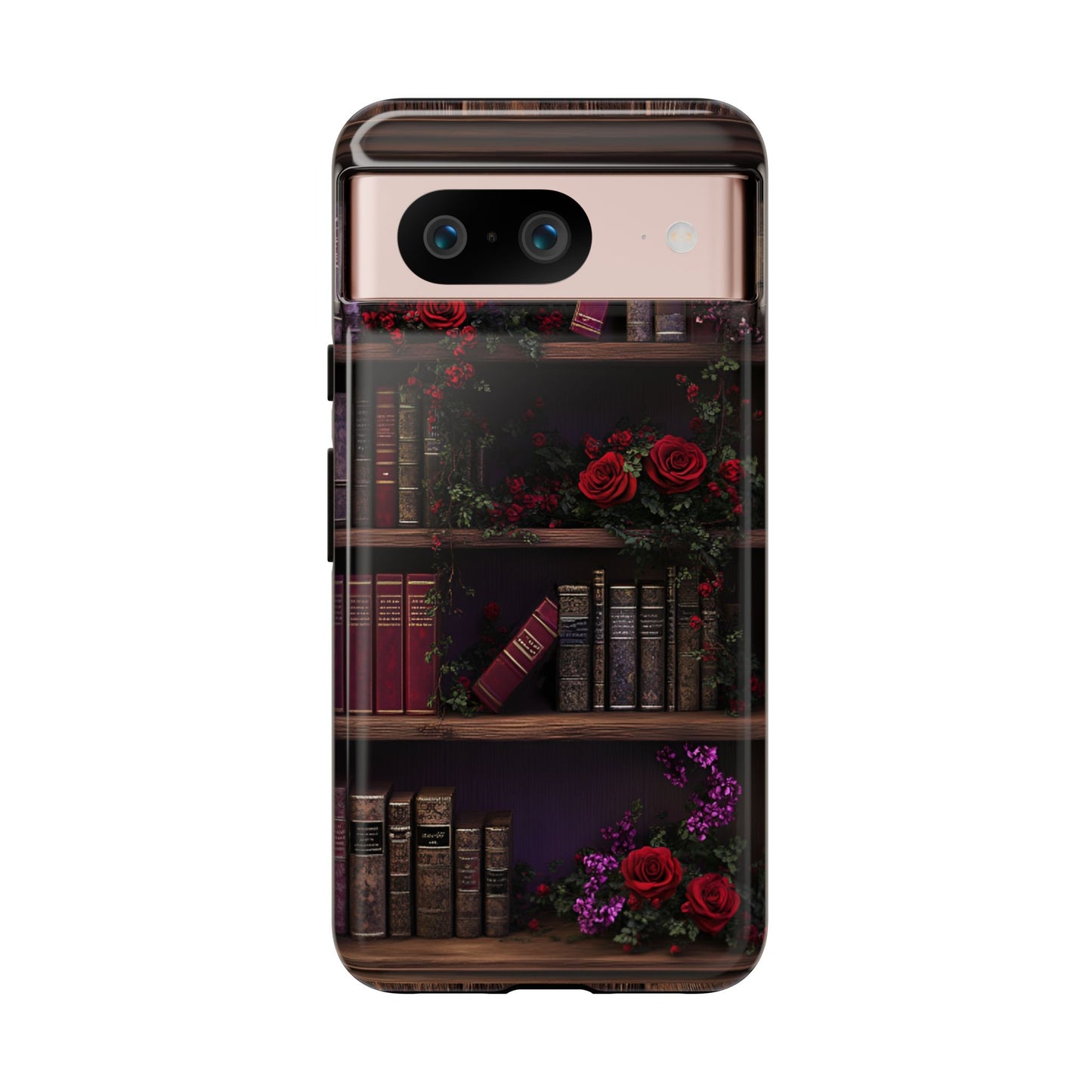 Book Lovers Phone Case - Roses and Books in Moody Vintage Bookshelf for iPhone 16 15 14 13 12 11, Samsung Galaxy & Google Pixel