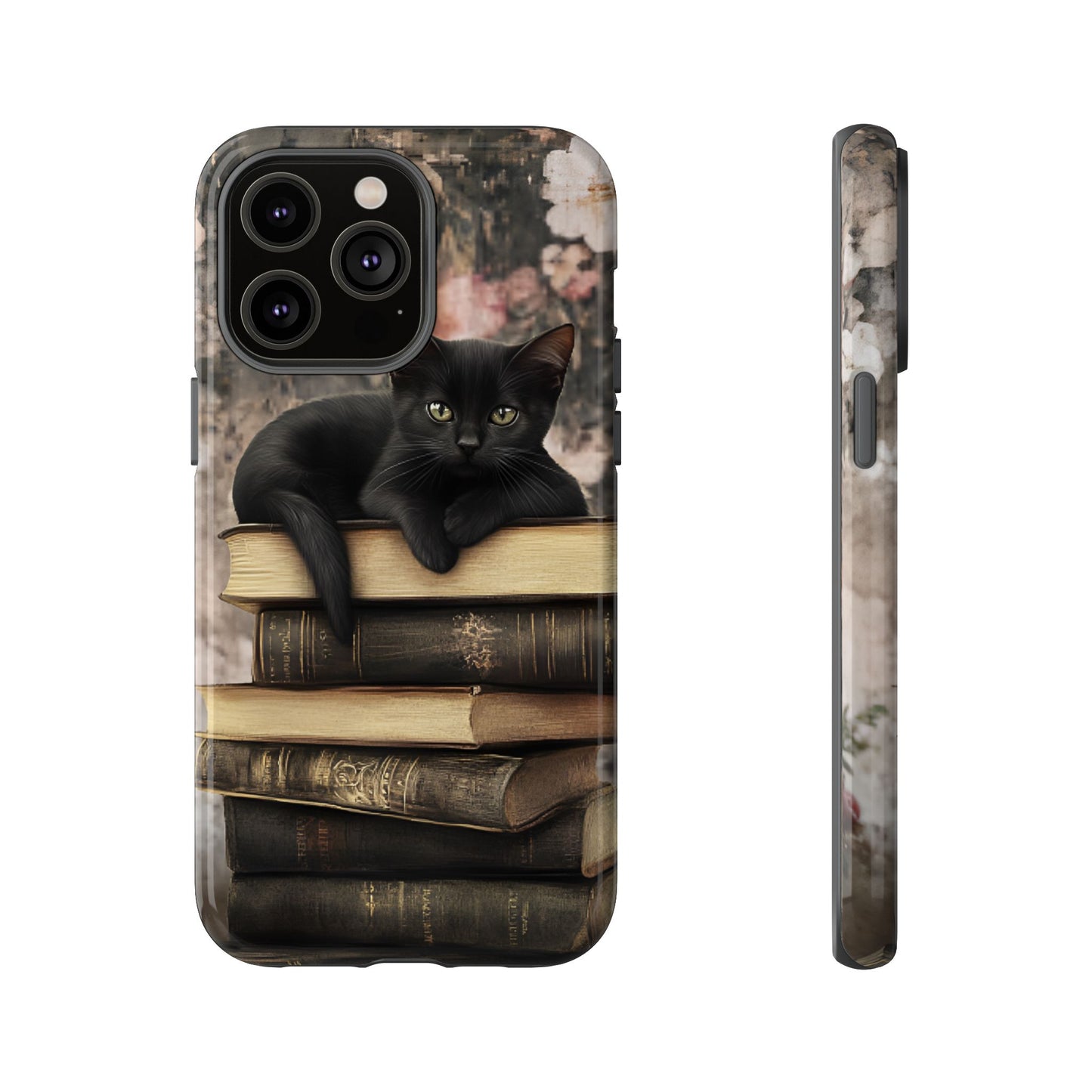 Black Cat and Books Phone Case - Vintage Dark Academia Library Phone Cases for iPhone 16 15 14 13 12 11, Samsung Galaxy & Google Pixel