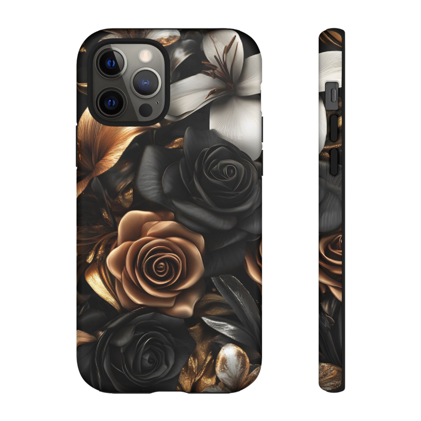 Floral Phone Case - Black and Gold Roses for iPhone 16 15 14 13 12 11, Samsung Galaxy & Google Pixel