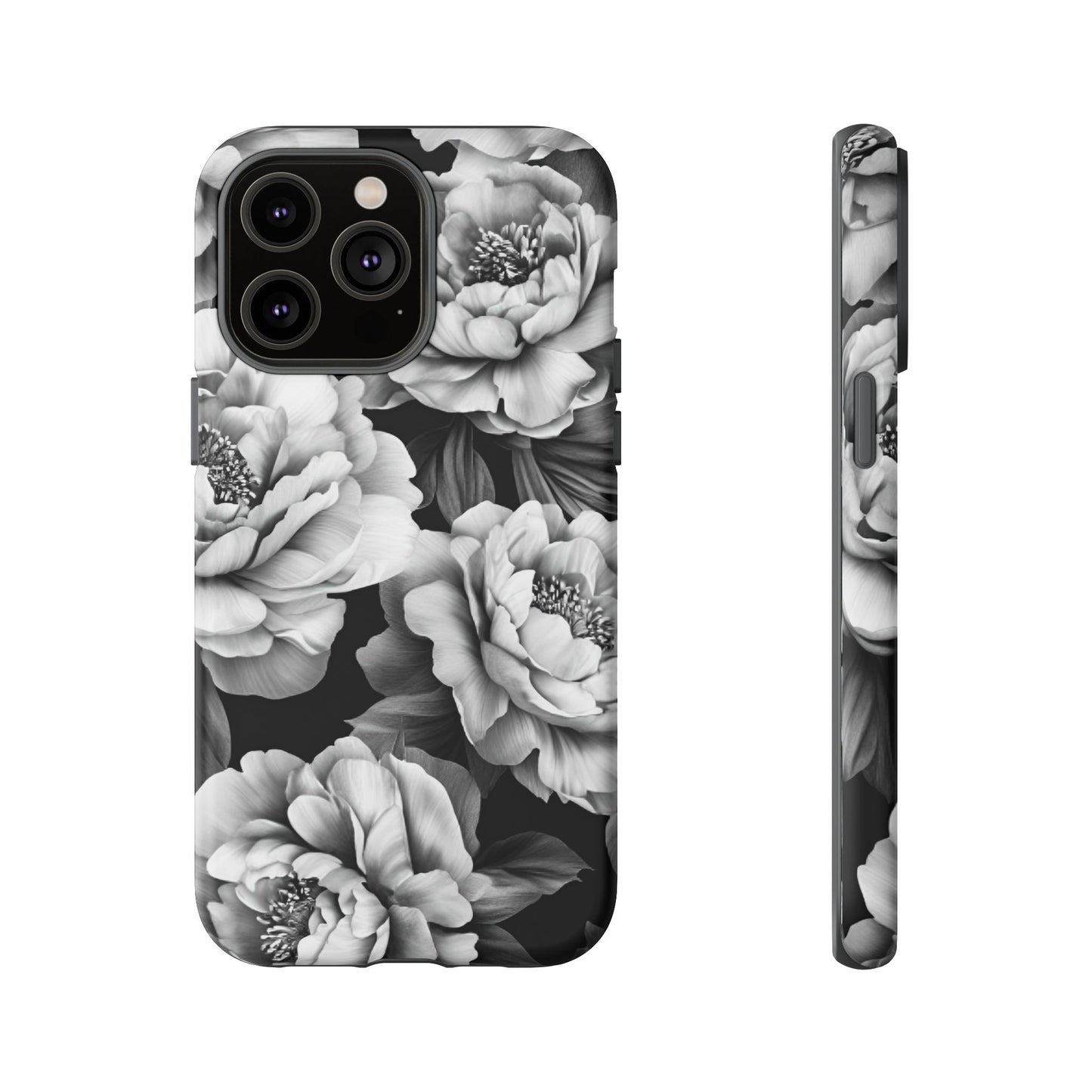 Black and White Peony Flower Phone Case - Aesthetic Dark Floral Phone Cases for iPhone 16 15 14 13 12 11, Samsung Galaxy & Google Pixel