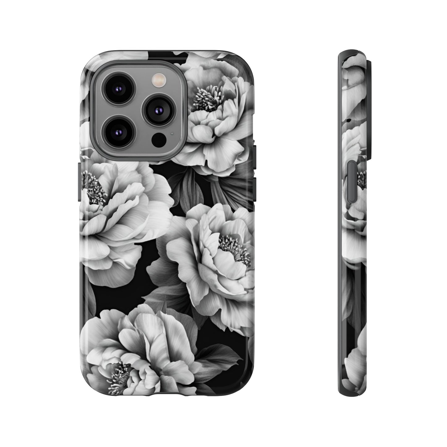 Black and White Peony Flower Phone Case - Aesthetic Dark Floral Phone Cases for iPhone 16 15 14 13 12 11, Samsung Galaxy & Google Pixel