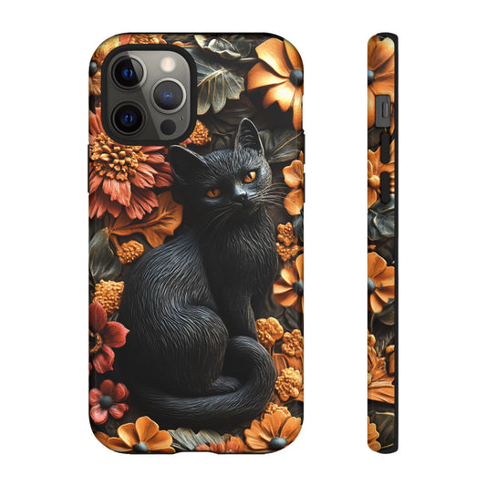 Black Cat Floral Fall Phone Case - Carved Clay Effect Phone Cases - iPhone 16 15 14 13 12 11, Samsung Galaxy & Google Pixel Phone Covers - Boo and Bewear