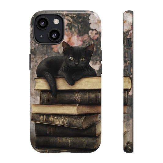 Black Cat and Books Phone Case - Vintage Dark Academia Library Phone Cases - iPhone 16 15 14 13 12 11, Samsung Galaxy & Google Pixel Phone Covers - Boo and Bewear