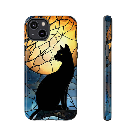 Black Cat and Moon Stained Glass Phone Case - Celestial Cat Lover Phone Cases - iPhone 16 15 14 13 12 11, Samsung Galaxy & Google Pixel Phone Covers - Boo and Bewear
