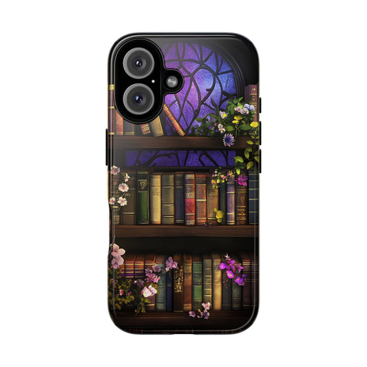 Bookshelf Phone Case - Dark Academia Stained Glass Phone Cases - iPhone 16 15 14 13 12 11, Samsung Galaxy & Google Pixel Phone Covers - Boo and Bewear