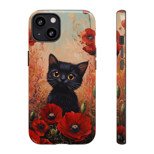 Cute Black Cat in Poppy Flower Field Phone Case - Cat Lover Phone Cases for iPhone 16 15 14 13 12 11, Samsung Galaxy & Google Pixel