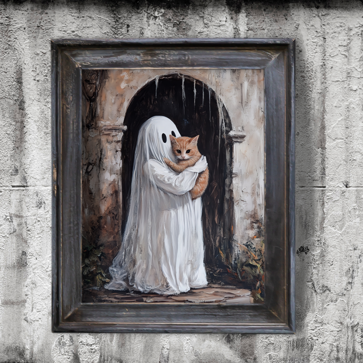 Cute Ghost and Cat Painting - Halloween Wall Art Print - Spooky Season Home Decor Poster for Cat Lovers