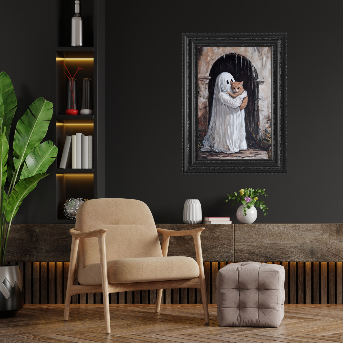 Cute Ghost and Cat Painting - Halloween Wall Art Print - Spooky Season Home Decor Poster for Cat Lovers