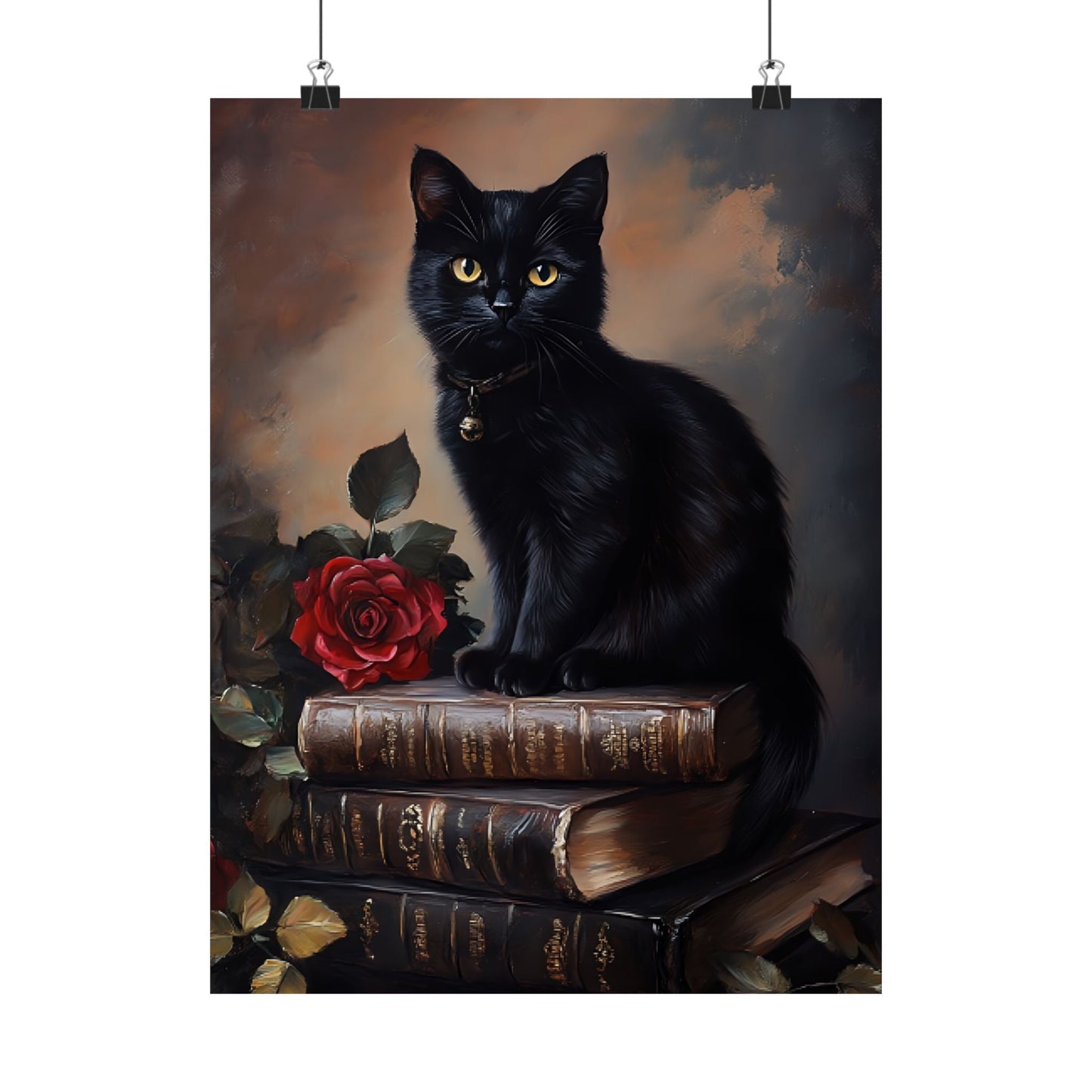 Black Cat Dark Academia Wall Art – Vintage Books and Roses Print – Bookish Cat Lover Painting - Boo and Bewear