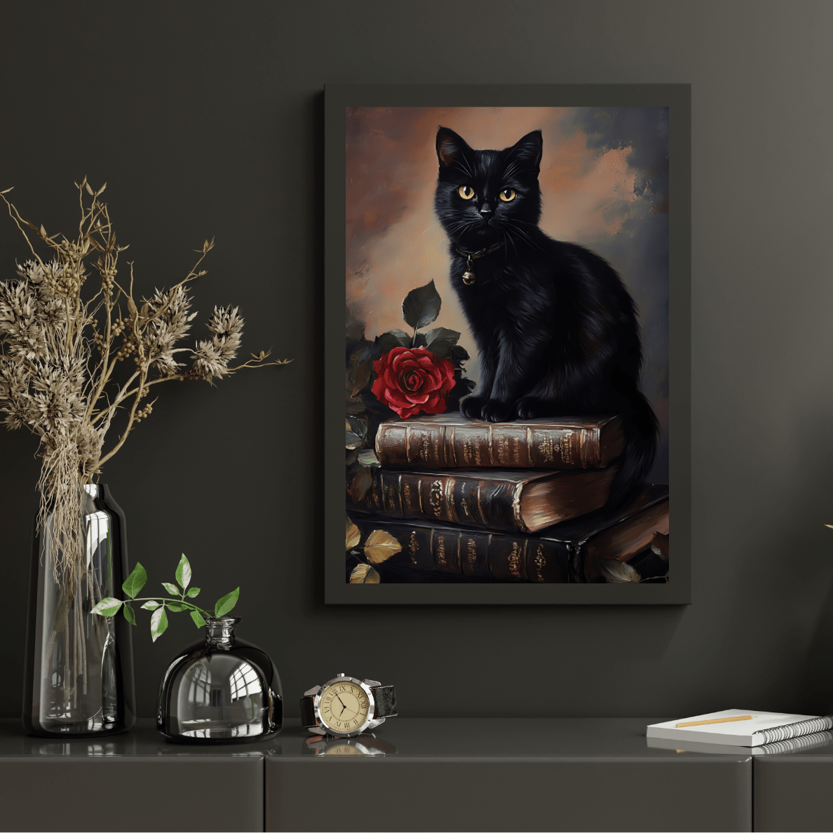 Black Cat Dark Academia Wall Art – Vintage Books and Roses Print – Bookish Cat Lover Painting