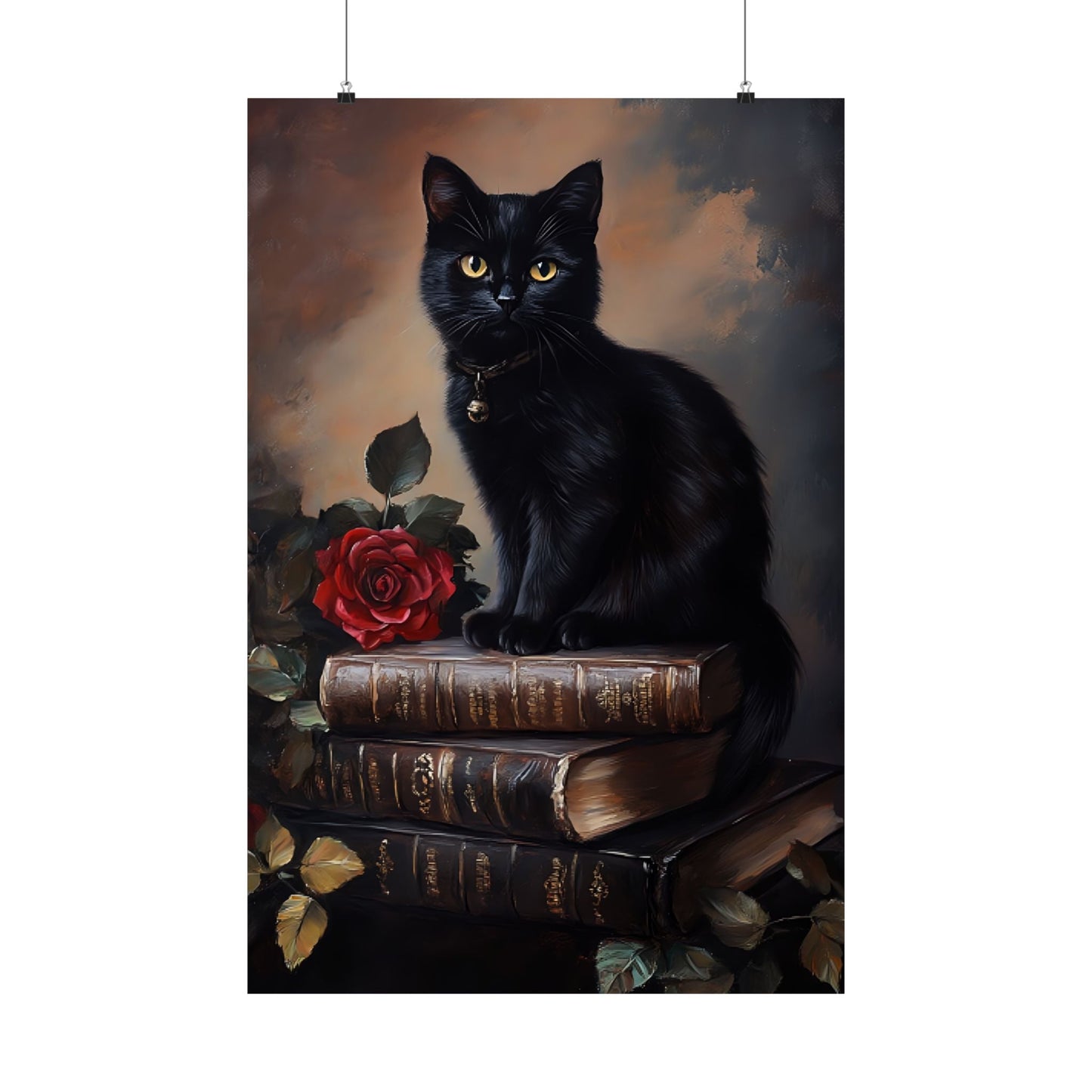 Black Cat Dark Academia Wall Art – Vintage Books and Roses Print – Bookish Cat Lover Painting