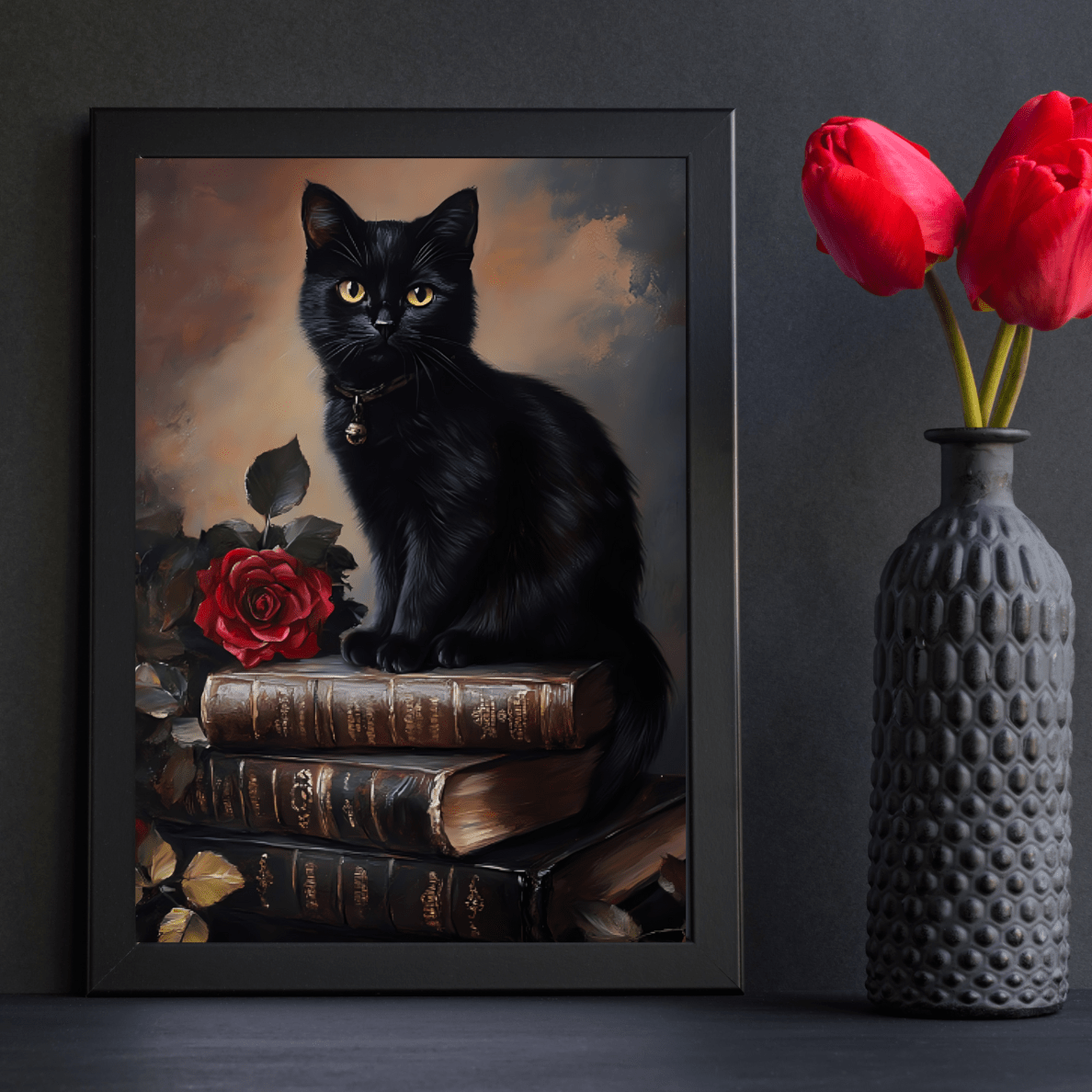 Black Cat Dark Academia Wall Art – Vintage Books and Roses Print – Bookish Cat Lover Painting - Boo and Bewear