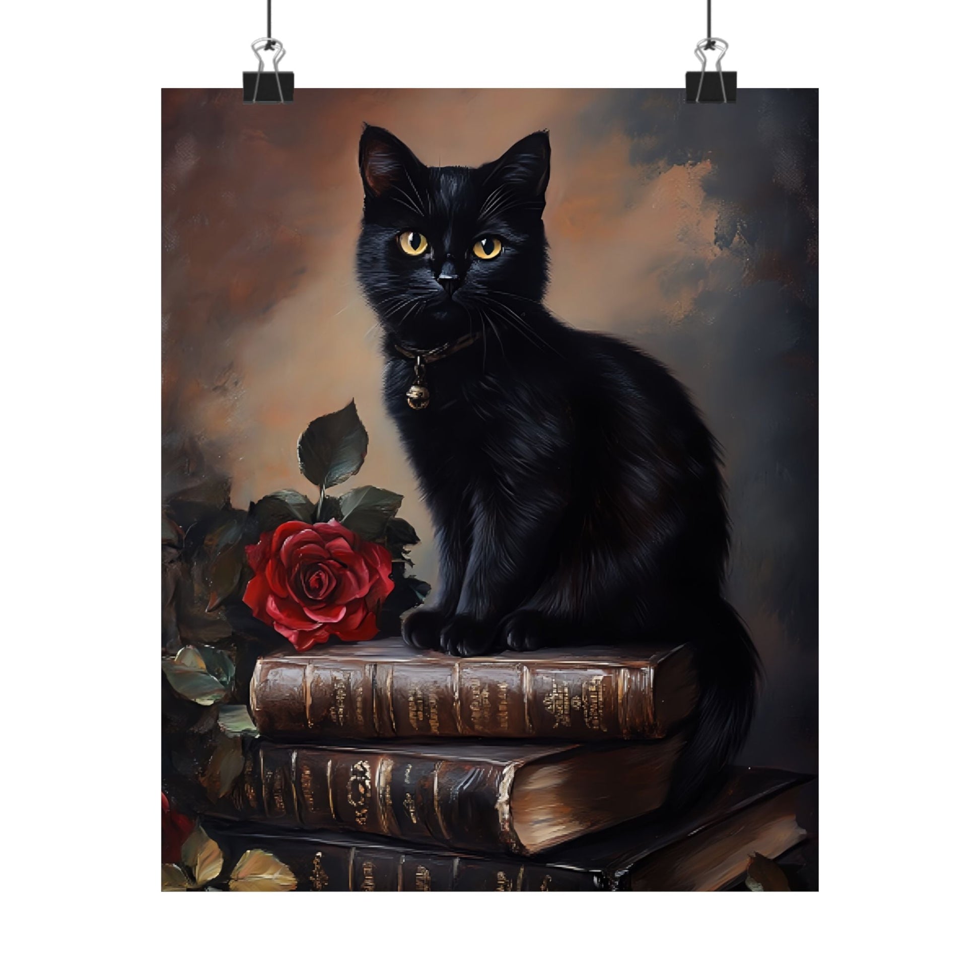 Black Cat Dark Academia Wall Art – Vintage Books and Roses Print – Bookish Cat Lover Painting - Boo and Bewear