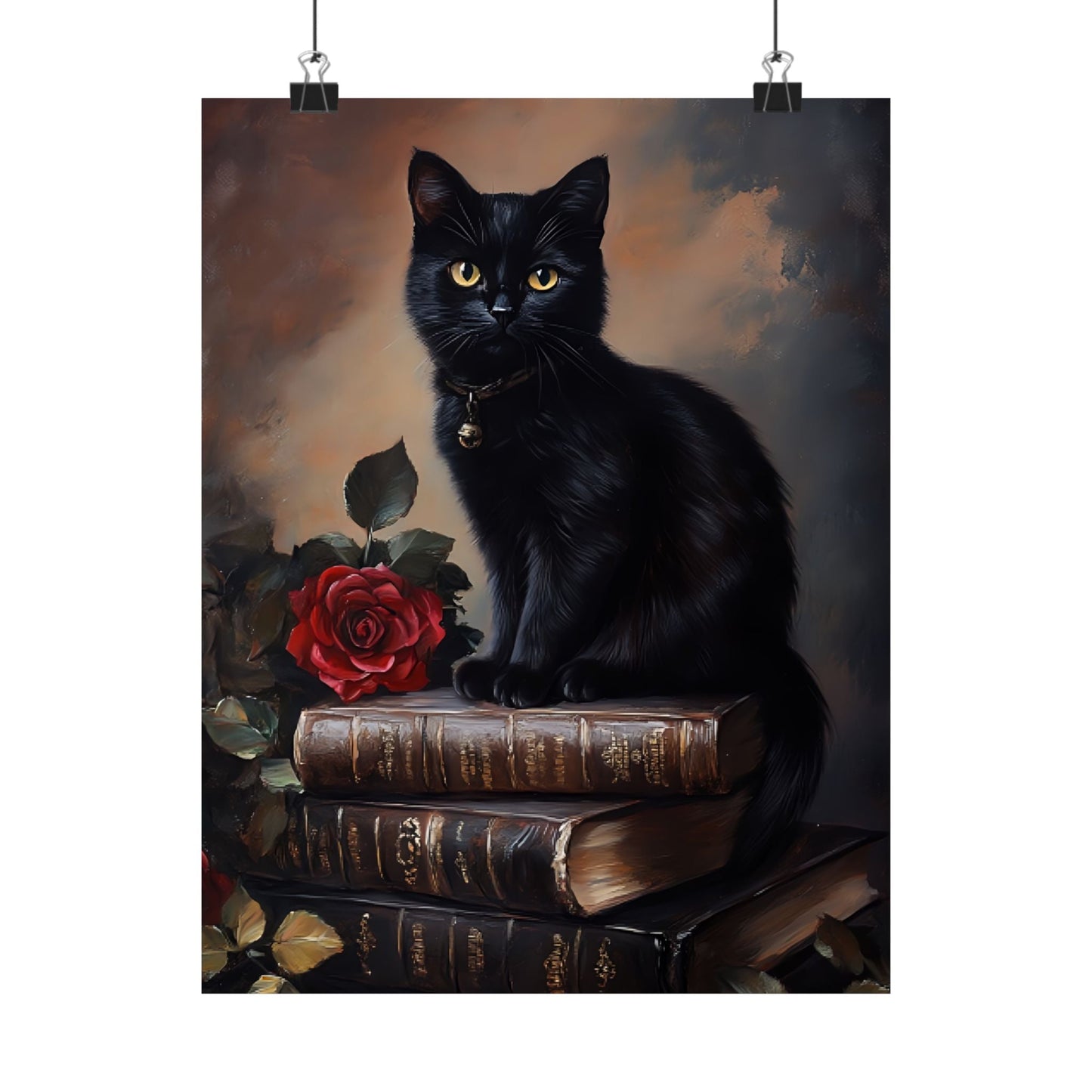 Black Cat Dark Academia Wall Art – Vintage Books and Roses Print – Bookish Cat Lover Painting - Boo and Bewear