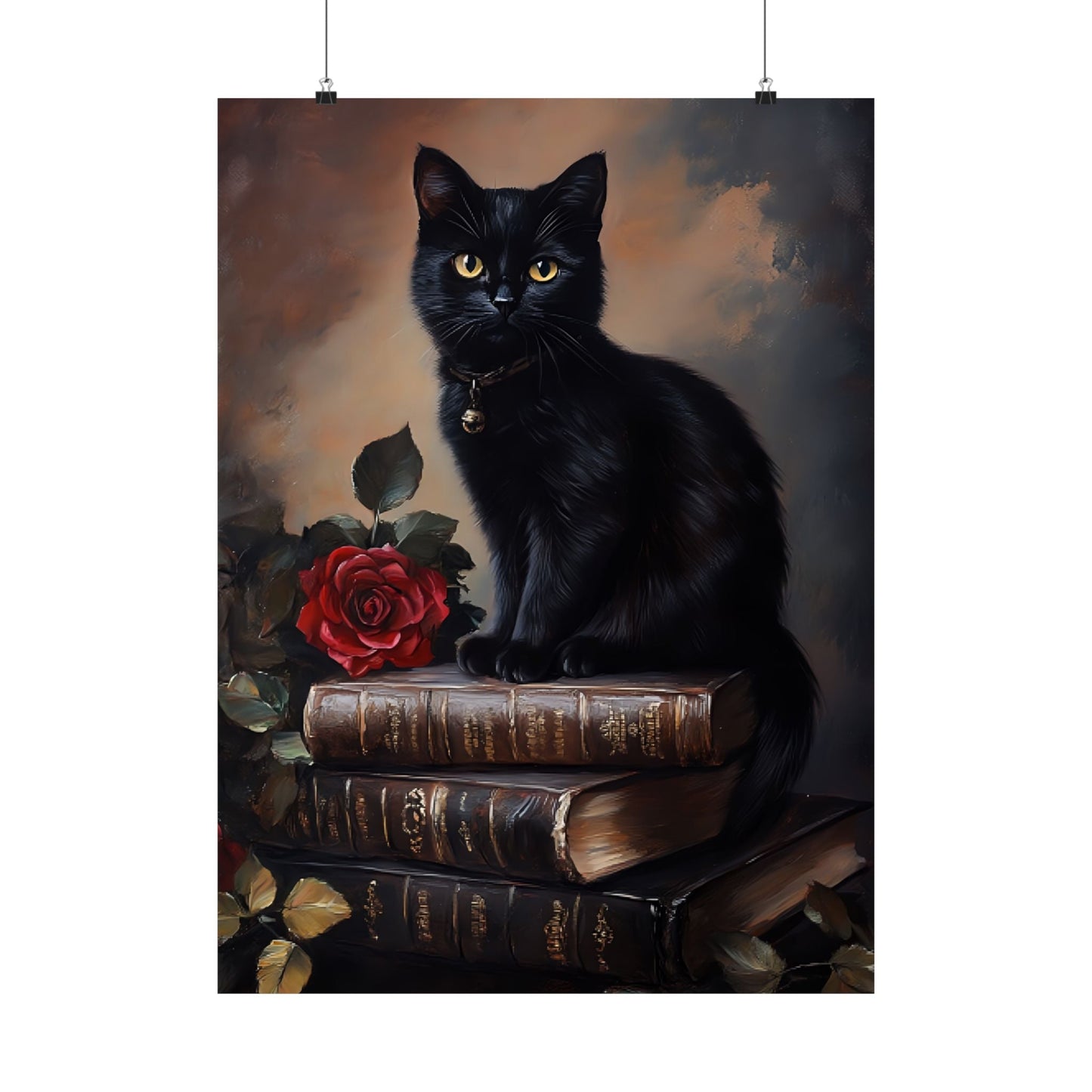 Black Cat Dark Academia Wall Art – Vintage Books and Roses Print – Bookish Cat Lover Painting - Boo and Bewear