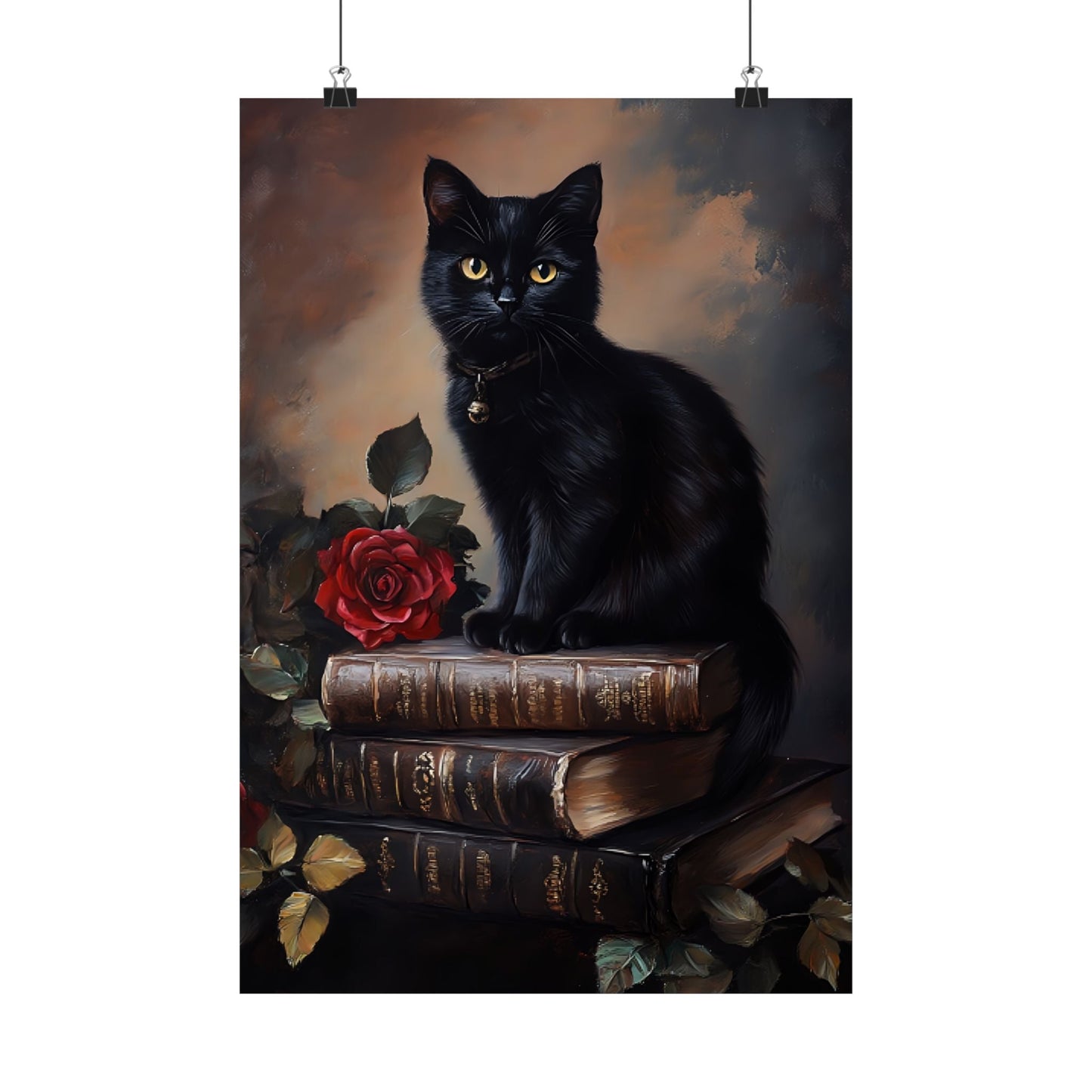 Black Cat Dark Academia Wall Art – Vintage Books and Roses Print – Bookish Cat Lover Painting