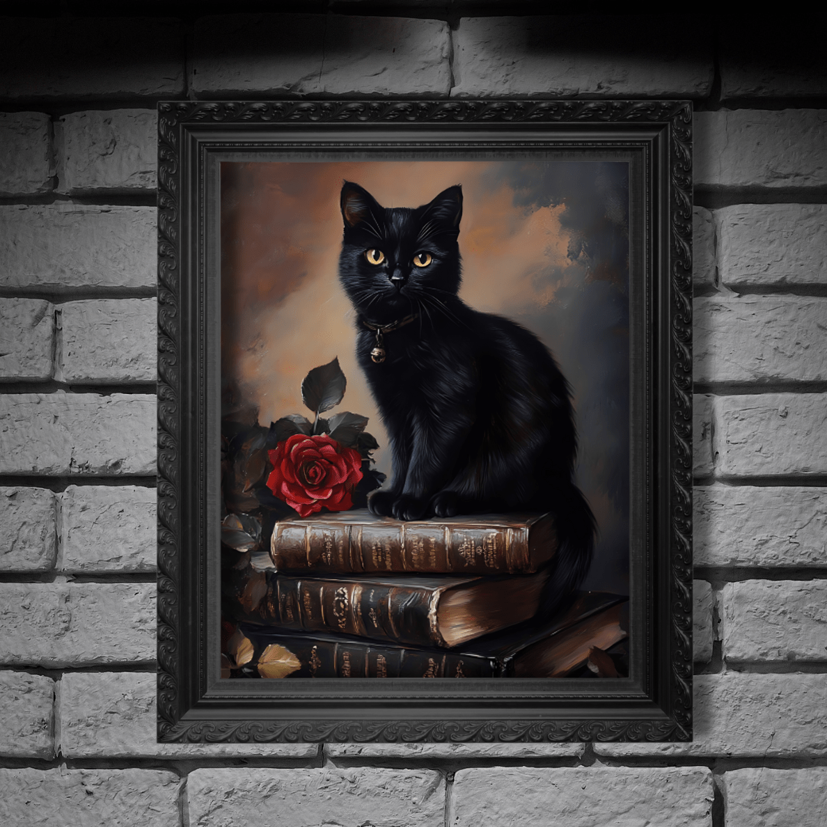 Black Cat Dark Academia Wall Art – Vintage Books and Roses Print – Bookish Cat Lover Painting - Boo and Bewear