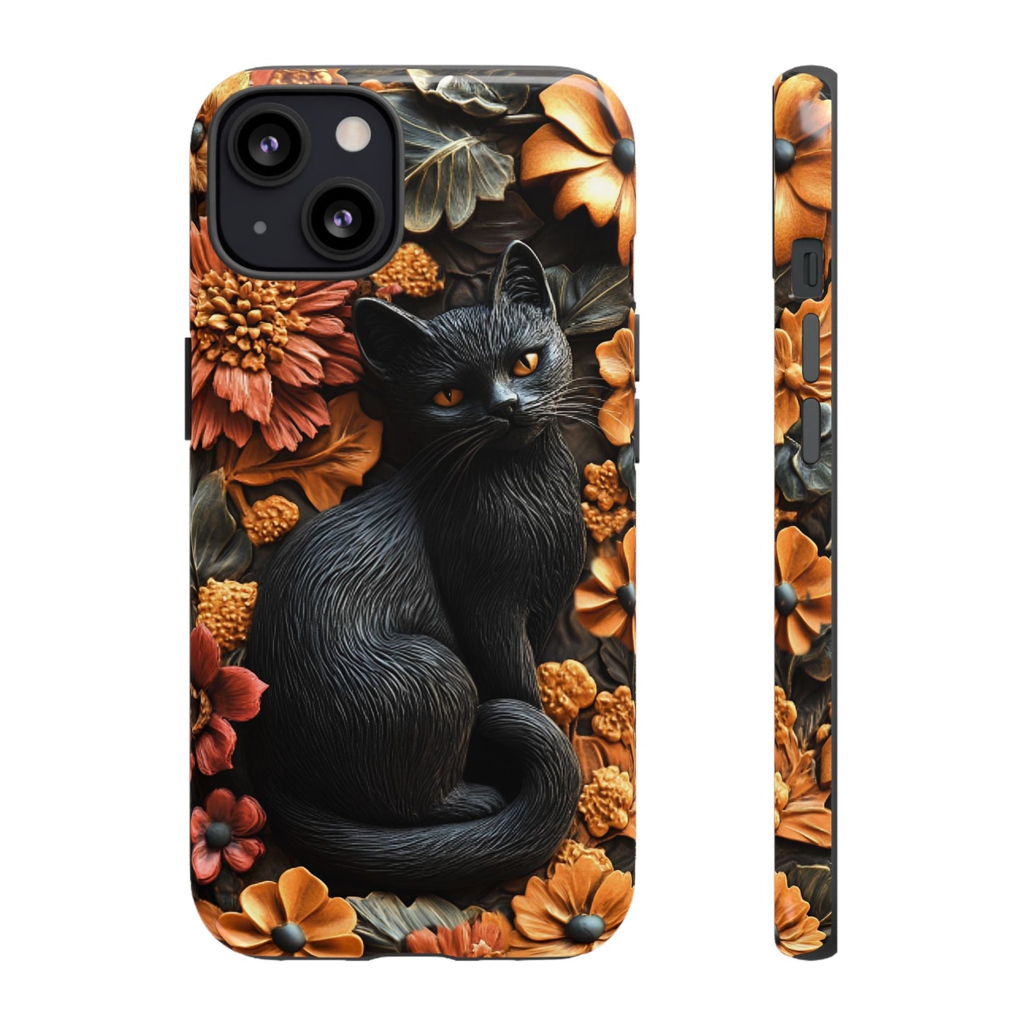 Black Cat Floral Fall Phone Case - Carved Clay Effect Phone Cases - iPhone 16 15 14 13 12 11, Samsung Galaxy & Google Pixel Phone Covers - Boo and Bewear