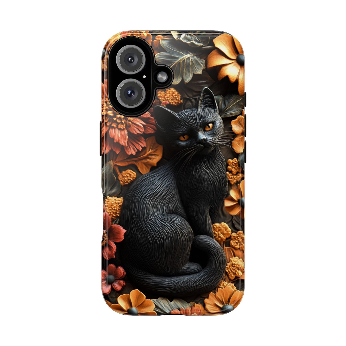 Black Cat Floral Fall Phone Case - Carved Clay Effect Phone Cases - iPhone 16 15 14 13 12 11, Samsung Galaxy & Google Pixel Phone Covers - Boo and Bewear