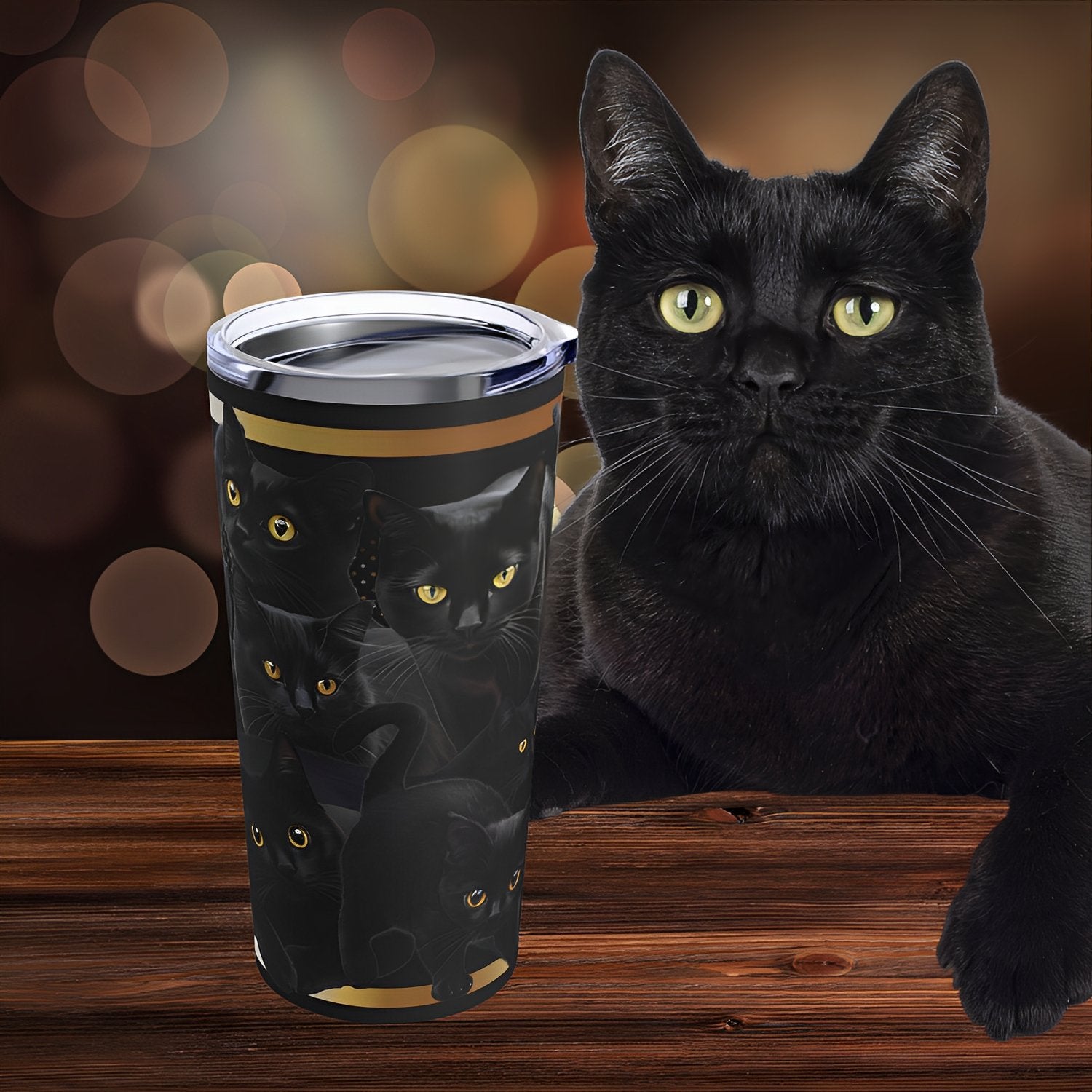 Black Cat Tumbler - Black and Gold Tumbler for Cat Lovers - Boo and Bewear