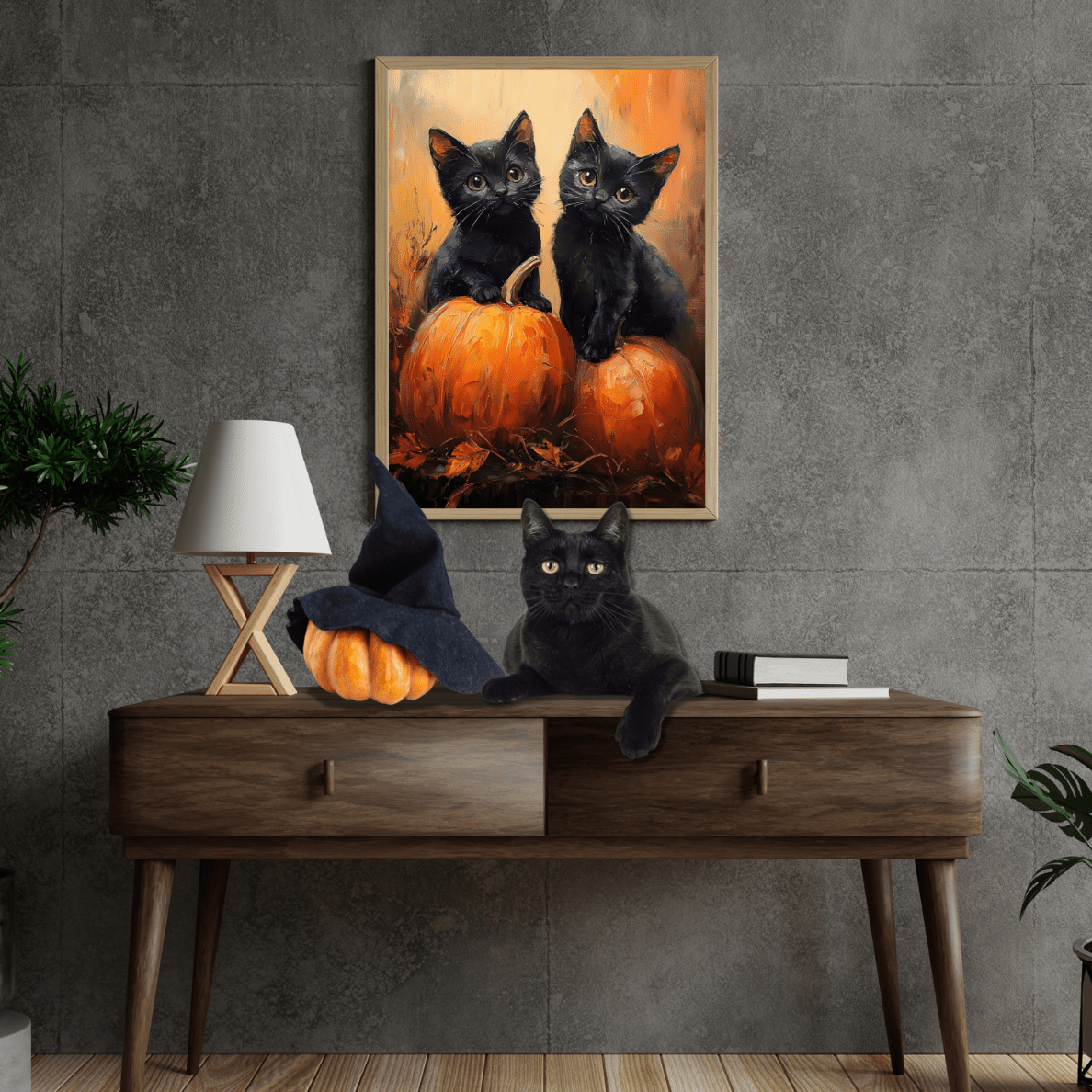 Black Cats and Pumpkins Wall Art Print - Cute Halloween Painting -  Fall Pumpkin Poster for Cat Lovers