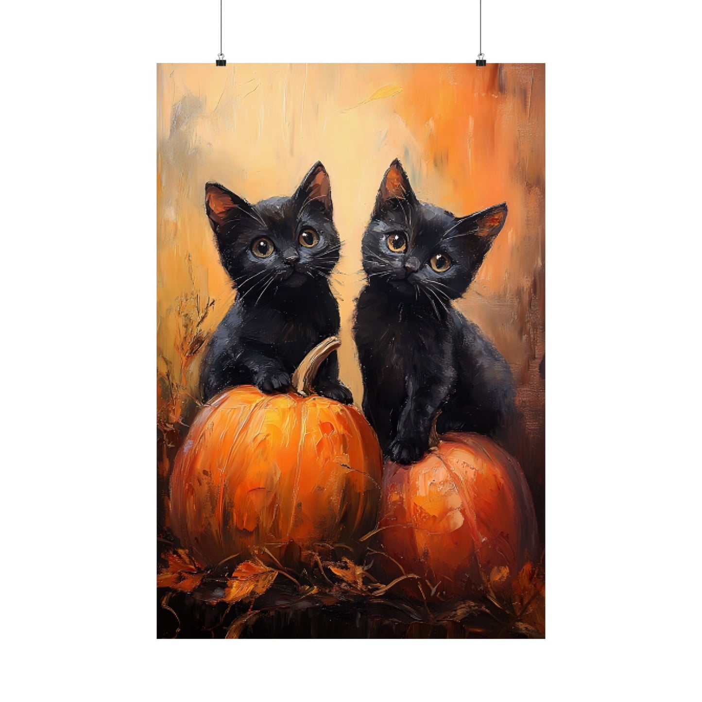 Black Cats and Pumpkins Wall Art Print - Cute Halloween Painting -  Fall Pumpkin Poster for Cat Lovers