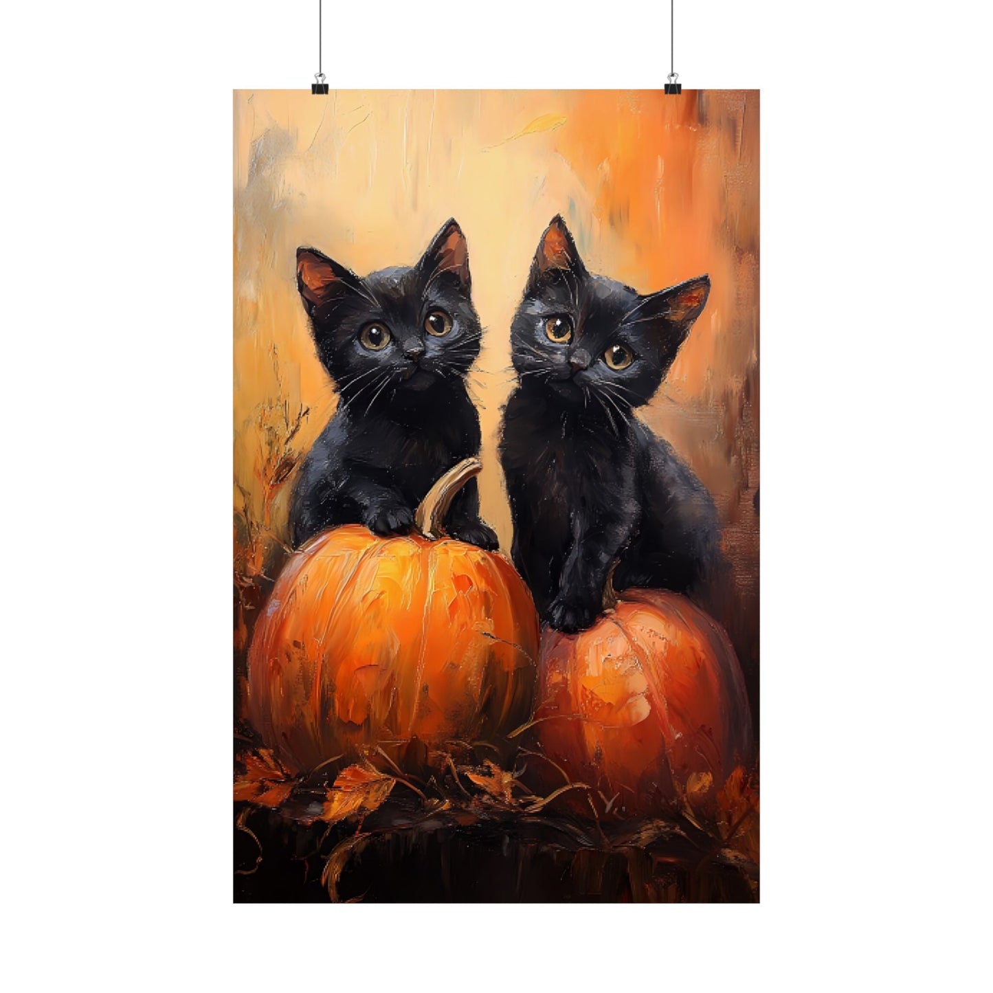 Black Cats and Pumpkins Wall Art Print - Cute Halloween Painting -  Fall Pumpkin Poster for Cat Lovers