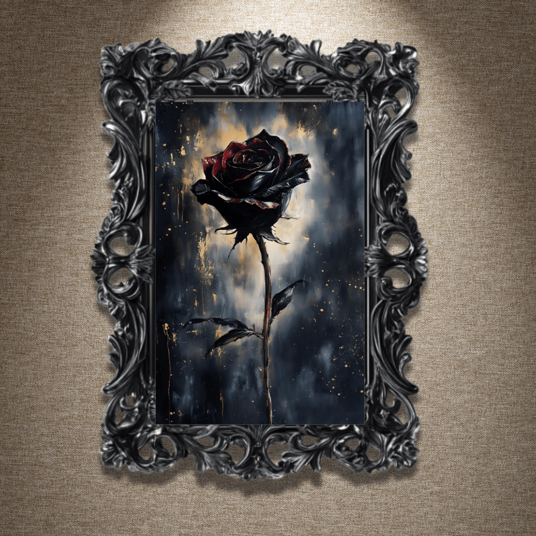 Black Rose Painting - Gothic Floral Wall Art Print - Vintage Victorian Dark Romance Poster - Boo and Bewear