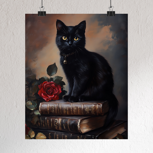 Black Cat Dark Academia Wall Art – Vintage Books and Roses Print – Bookish Cat Lover Painting