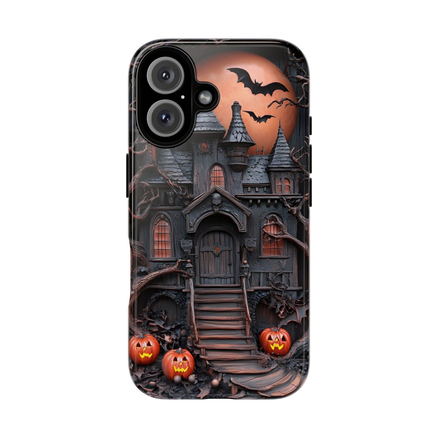 Carved Wood Haunted House Phone Case - Faux Wood Spooky Halloween Phone Cases - iPhone 16 15 14 13 12 11, Samsung Galaxy & Google Pixel Phone Covers - Boo and Bewear